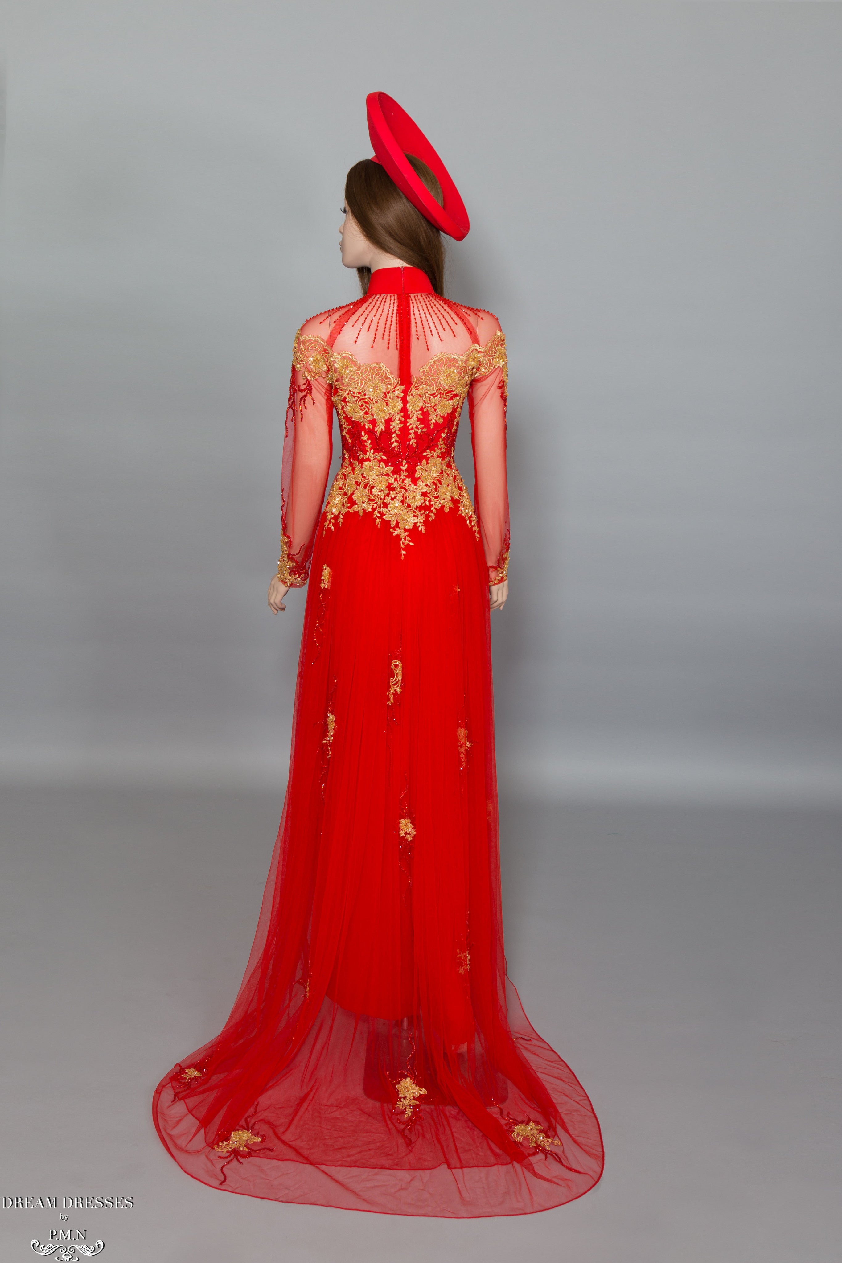 DreamDress By PMN Red Vietnamese Ao Dai Inspired Wedding Dress Gown Red Golden Accents Sequin Embellishment Chapel Train Chiffon Pants | Size: 0 DreamDress By PMN Red Vietnamese Ao Dai Inspired Wedding Dress Gown Red Golden Accents Sequin Embellishment Chapel Train Chiffon Pants | Size: 0