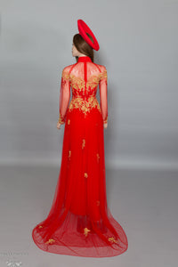 Red Bridal Ao Dai with Gold Lace | Vietnamese Bridal Dress with Embellishment (#KALEY) - Dream Dresses by P.M.N.