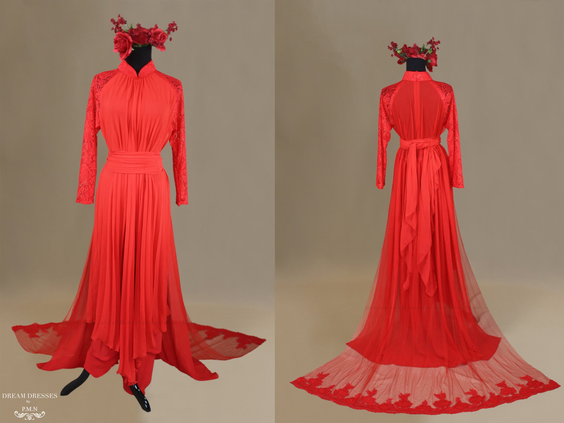 Red Bridal Ao Dai | Chiffon Vietnamese Traditional Bridal Dress (#KIMMBERLY)