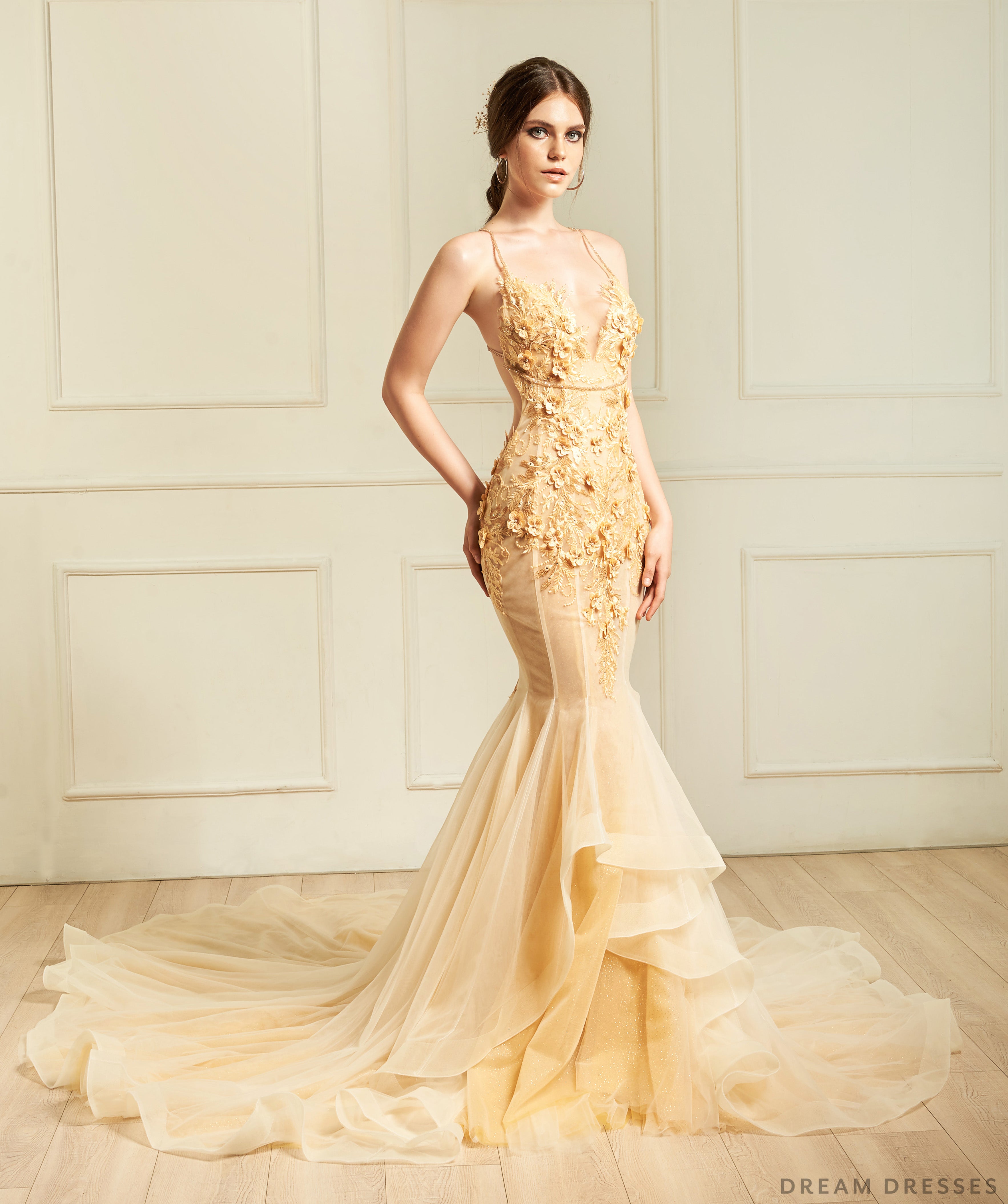 Luxurious Gold Gown with Shimmery Embroidery, Mirror Work & Cut-Out Back  Detail - Seasons India