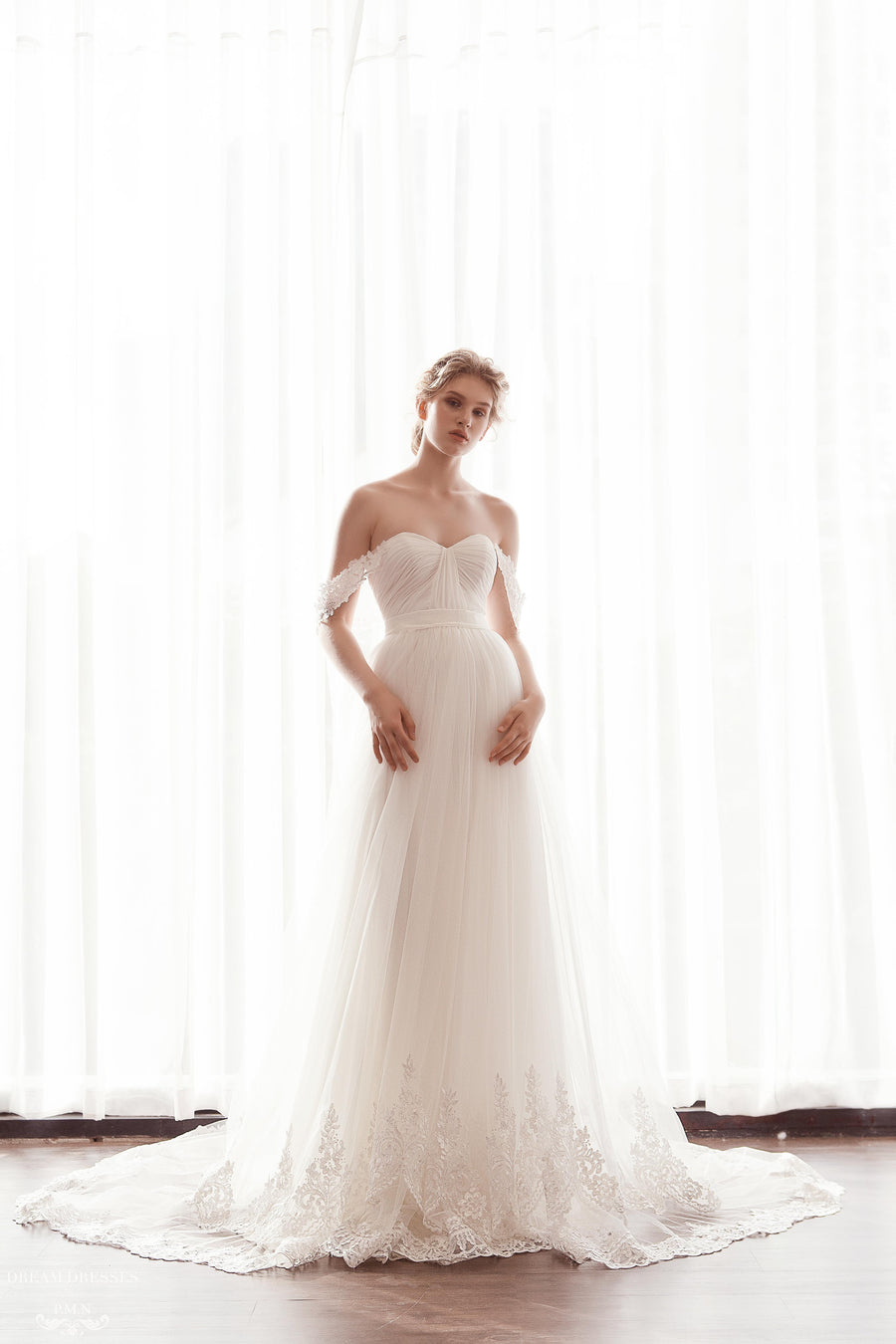 Off The Shoulder Tulle A-Line Gown (#Kiara) - Dream Dresses by P.M.N.