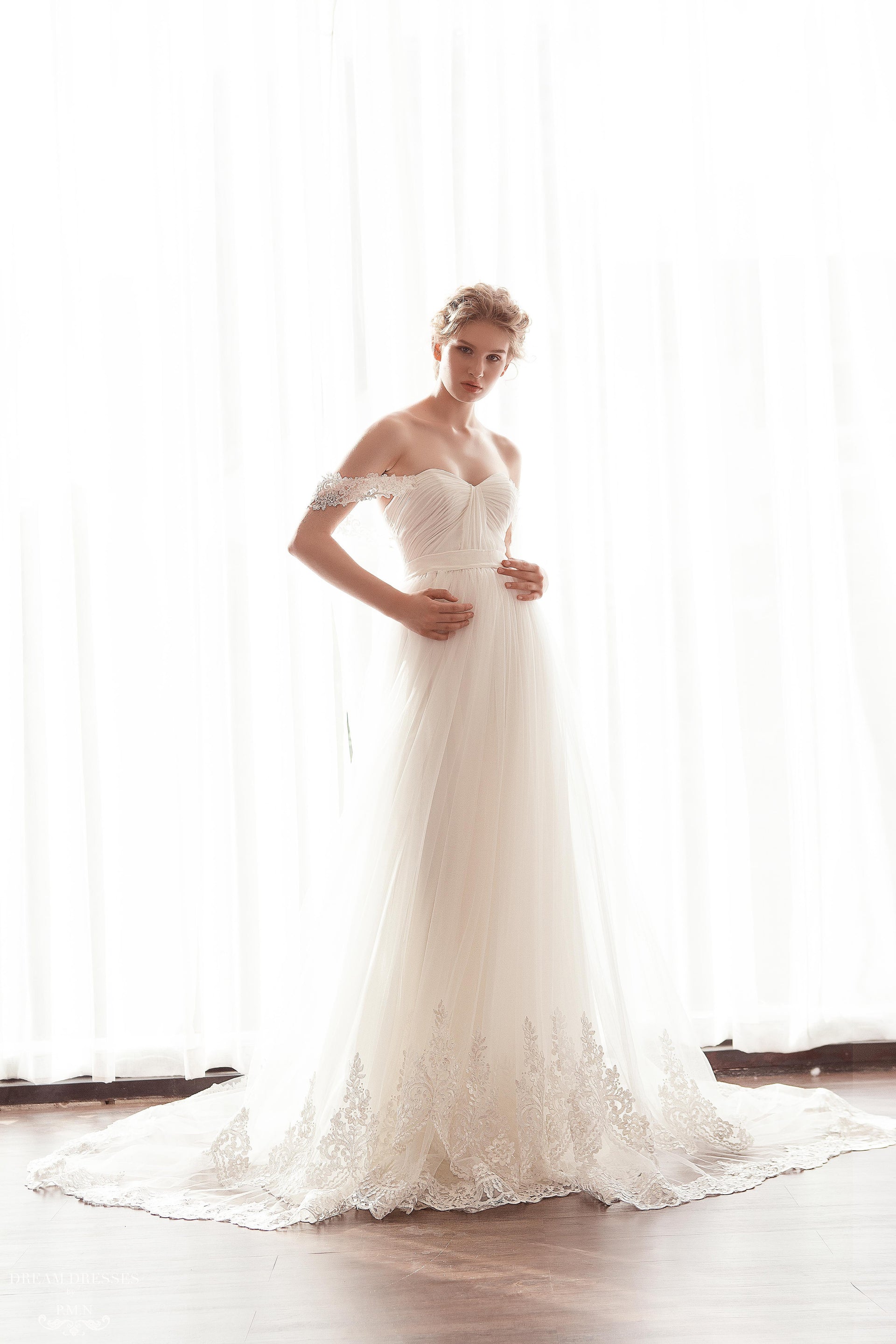 Off The Shoulder Tulle A-Line Gown (#Kiara) - Dream Dresses by P.M.N.