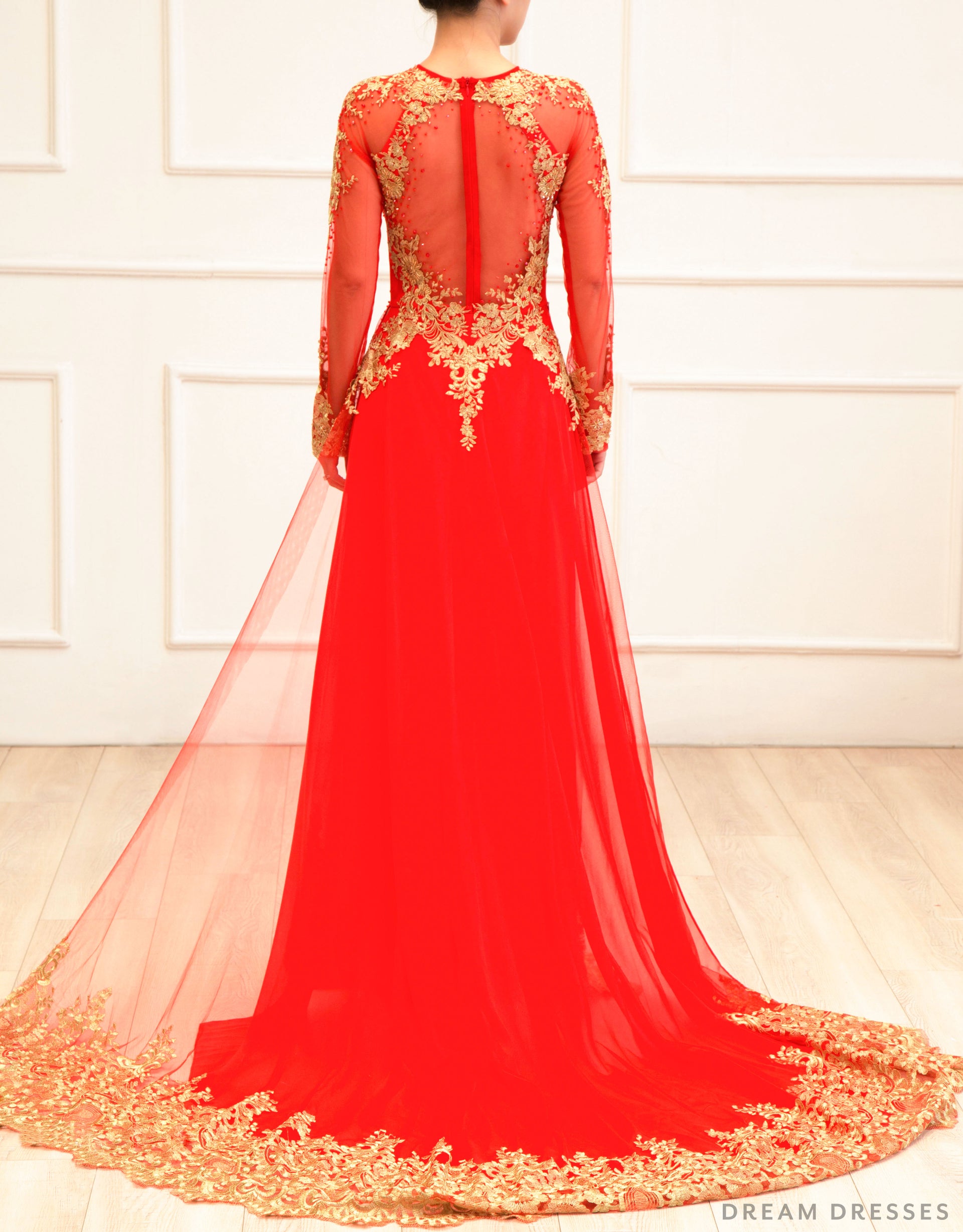 Red Bridal Ao Dai with Gold Lace | Vietnamese Bridal Dress (#KAIA) - Dream Dresses by P.M.N.
