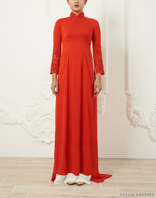 Red Bridal Ao Dai | Traditional Vietnamese Silk Bridal Dress (#LEANNA) - Dream Dresses by P.M.N.
