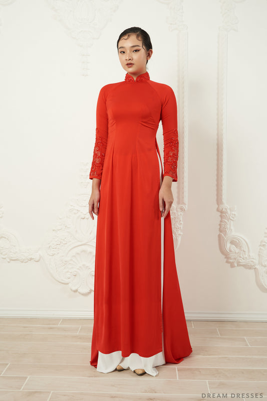 Red Bridal Ao Dai | Traditional Vietnamese Silk Bridal Dress (#LEANNA) - Dream Dresses by P.M.N.