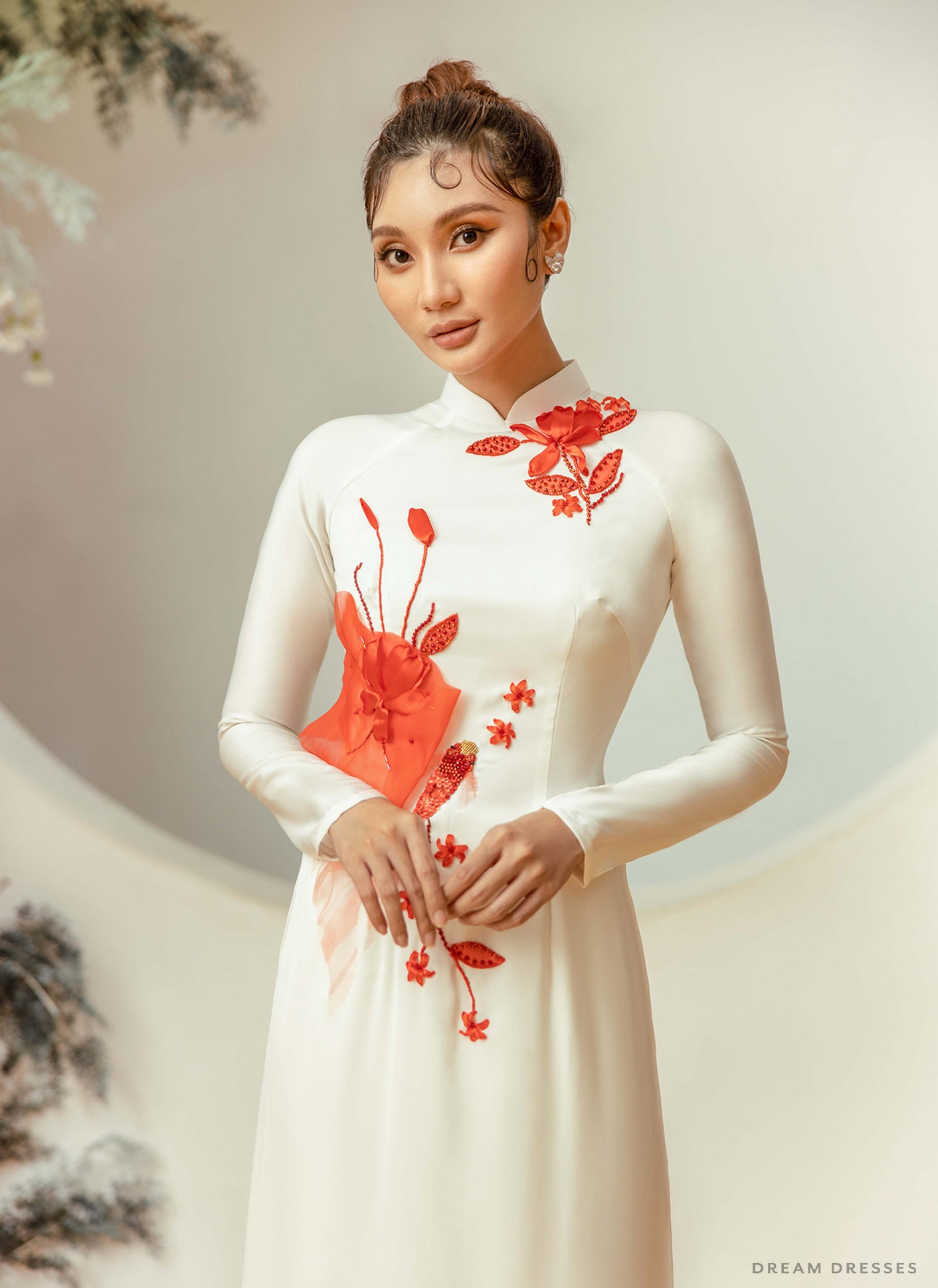 White Bridal Ao Dai | Embellished Vietnamese Traditional Bridal Dress (#LIAN)
