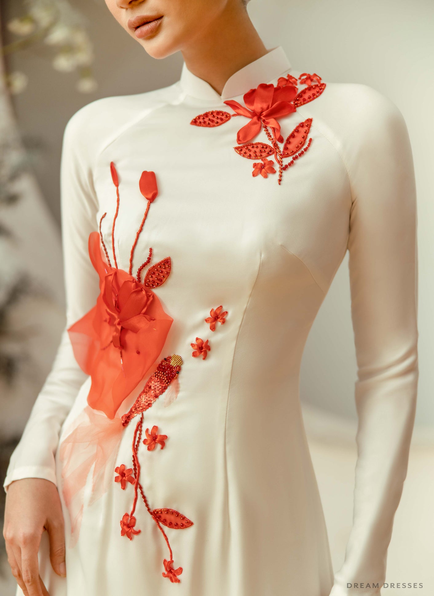 White Bridal Ao Dai | Embellished Vietnamese Traditional Bridal Dress (#LIAN) - Dream Dresses by P.M.N.