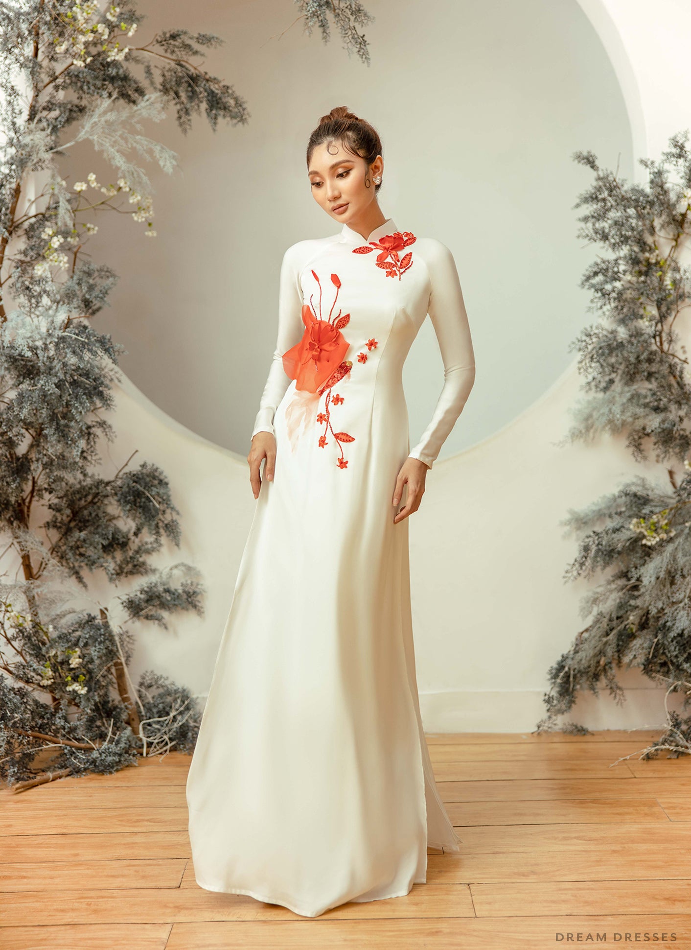 White Bridal Ao Dai | Embellished Vietnamese Traditional Bridal Dress (#LIAN) - Dream Dresses by P.M.N.