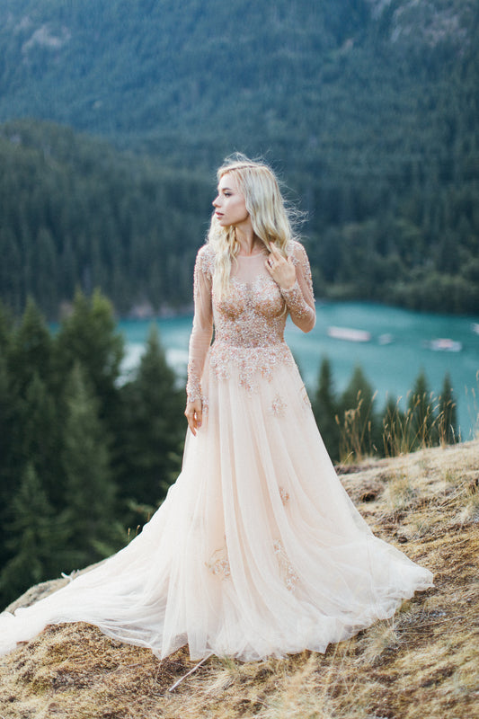 Champagne/Gold Long Sleeve Princess A-Line Gown (# ARIEL) - Dream Dresses by P.M.N.