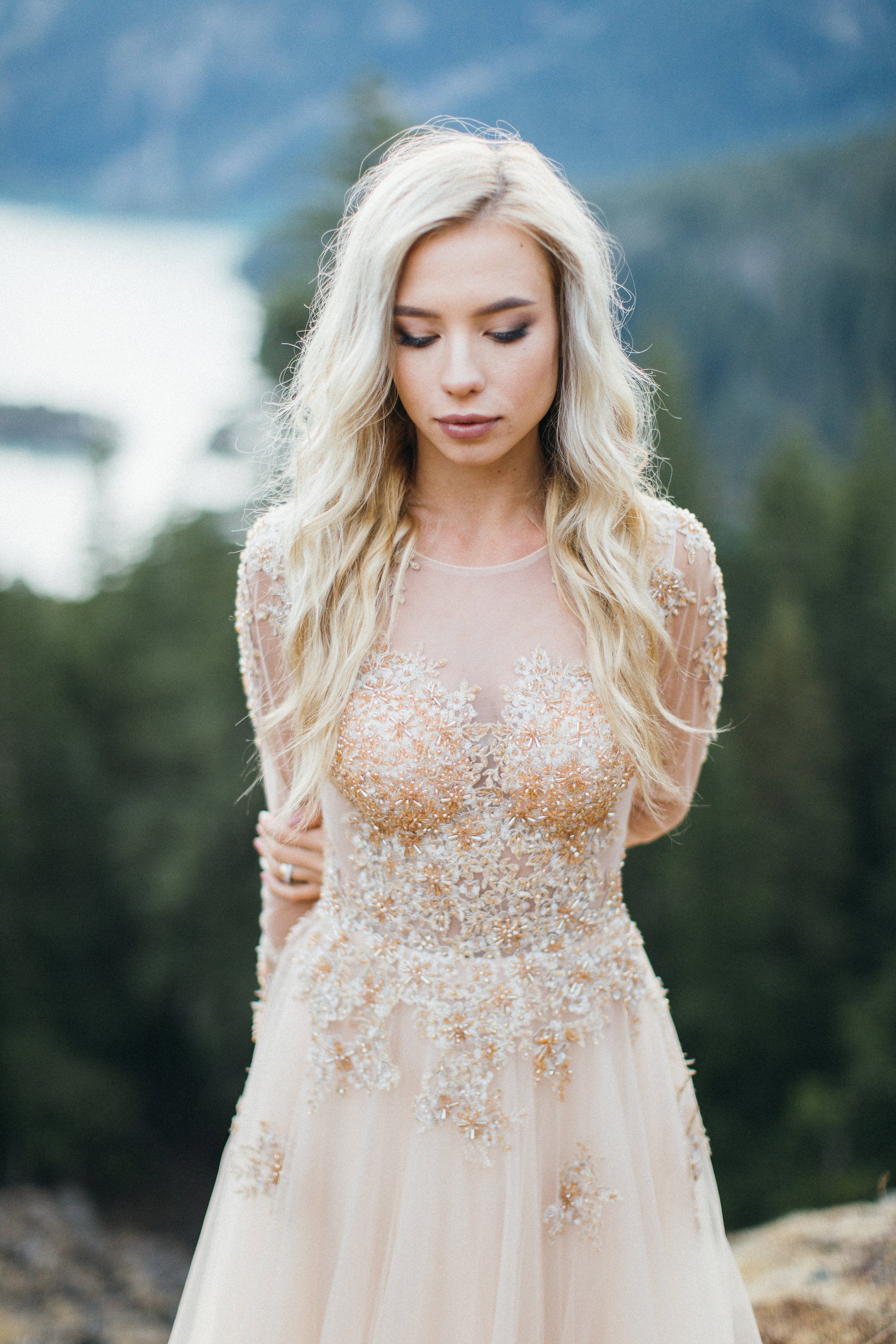Champagne/Gold Long Sleeve Princess Ball Gown (# ARIEL) | Dream Dresses by P.M.N. Champagne/Gold Long Sleeve Princess Ball Gown (# ARIEL) | Dream Dresses by P.M.N.