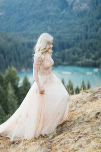 Champagne/Gold Long Sleeve Princess A-Line Gown (# ARIEL) - Dream Dresses by P.M.N.