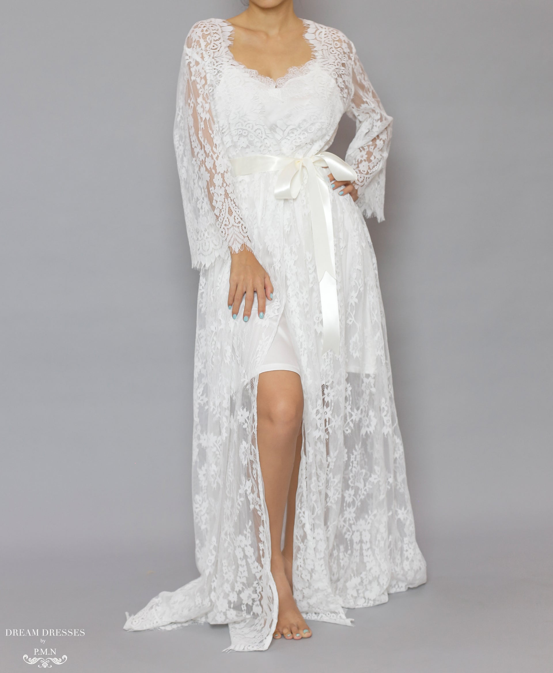 Long Bridal Lace Robe (#Laina) - Dream Dresses by P.M.N.