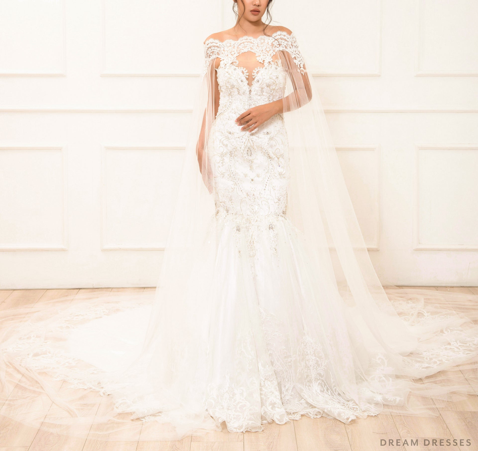 Off Shoulder Lace Bridal Cape (#LAYLA) - Dream Dresses by P.M.N.