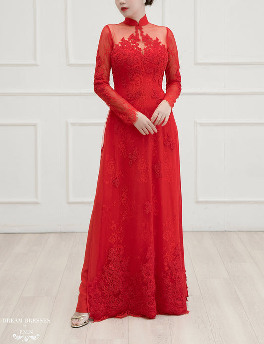 Red Bridal Ao Dai | Vietnamese Lace Bridal Dress (#LISE) - Dream Dresses by P.M.N.