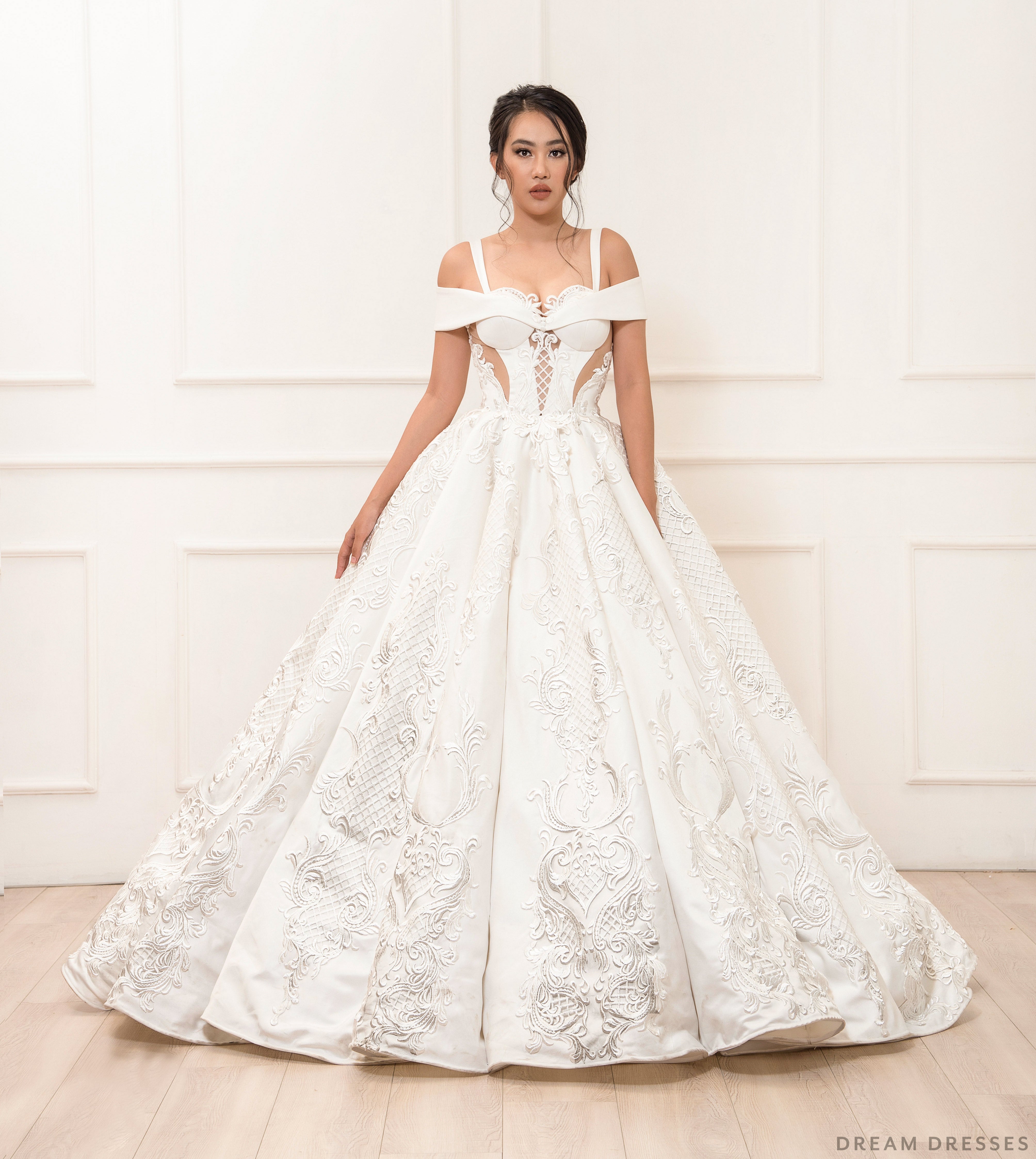 DreamDress By PMN Esme Princess Ball Wedding Dress Gown Floral Embellishment Chapel Train Off Shoulder Sleeves | Size: Custom DreamDress By PMN Esme Princess Ball Wedding Dress Gown Floral Embellishment Chapel Train Off Shoulder Sleeves | Size: Custom