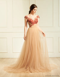 nude and red lace dress Nude Color Wedding Gown with Red Lace