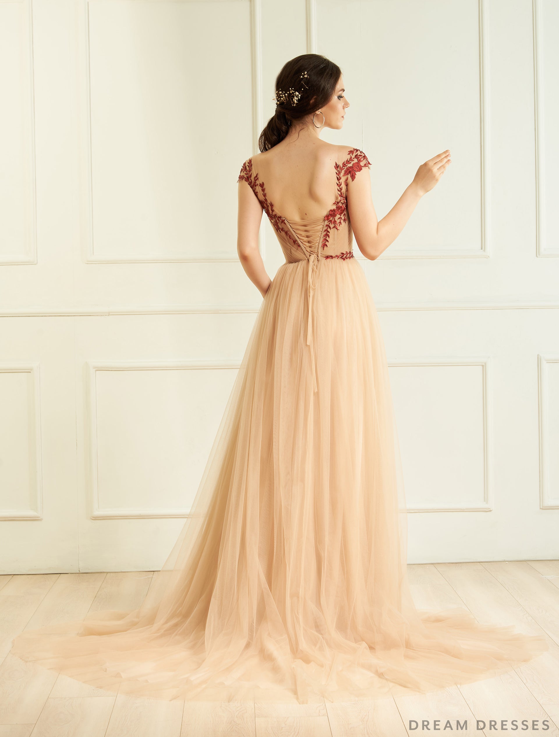 Nude Wedding Gown with Red Lace (#Aida ) - Dream Dresses by P.M.N.