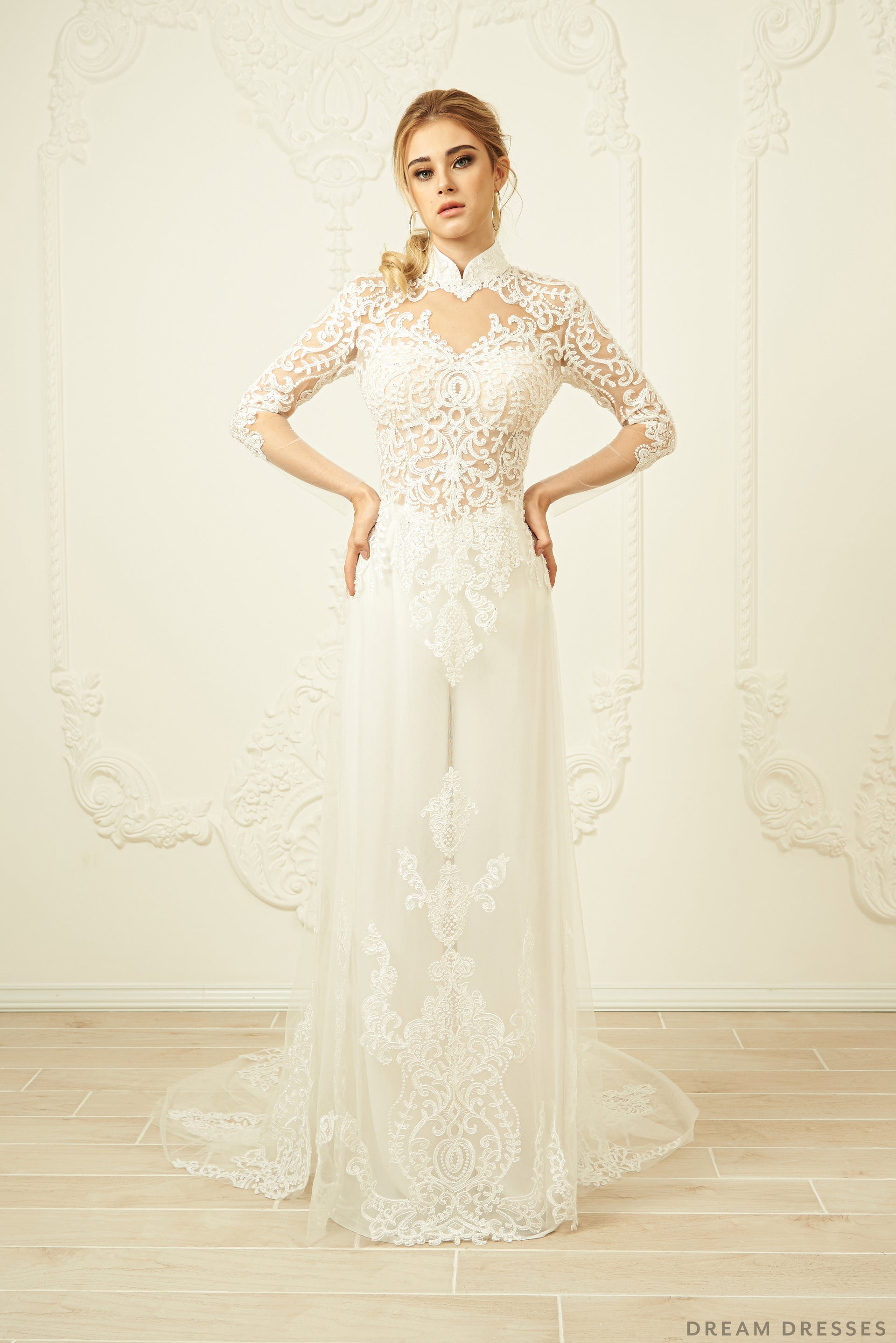 White Bridal Ao Dai | Modern Vietnamese Lace Bridal Dress (#FREYA) - Dream Dresses by P.M.N.