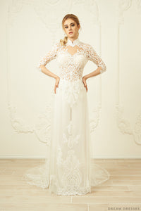 White Bridal Ao Dai | Modern Vietnamese Lace Bridal Dress (#FREYA) - Dream Dresses by P.M.N.