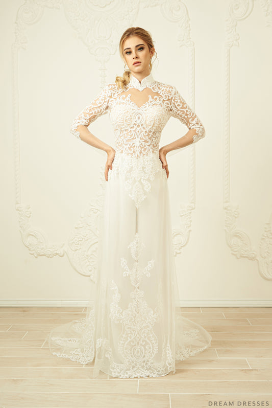 White Bridal Ao Dai | Modern Vietnamese Lace Bridal Dress (#FREYA) - Dream Dresses by P.M.N.