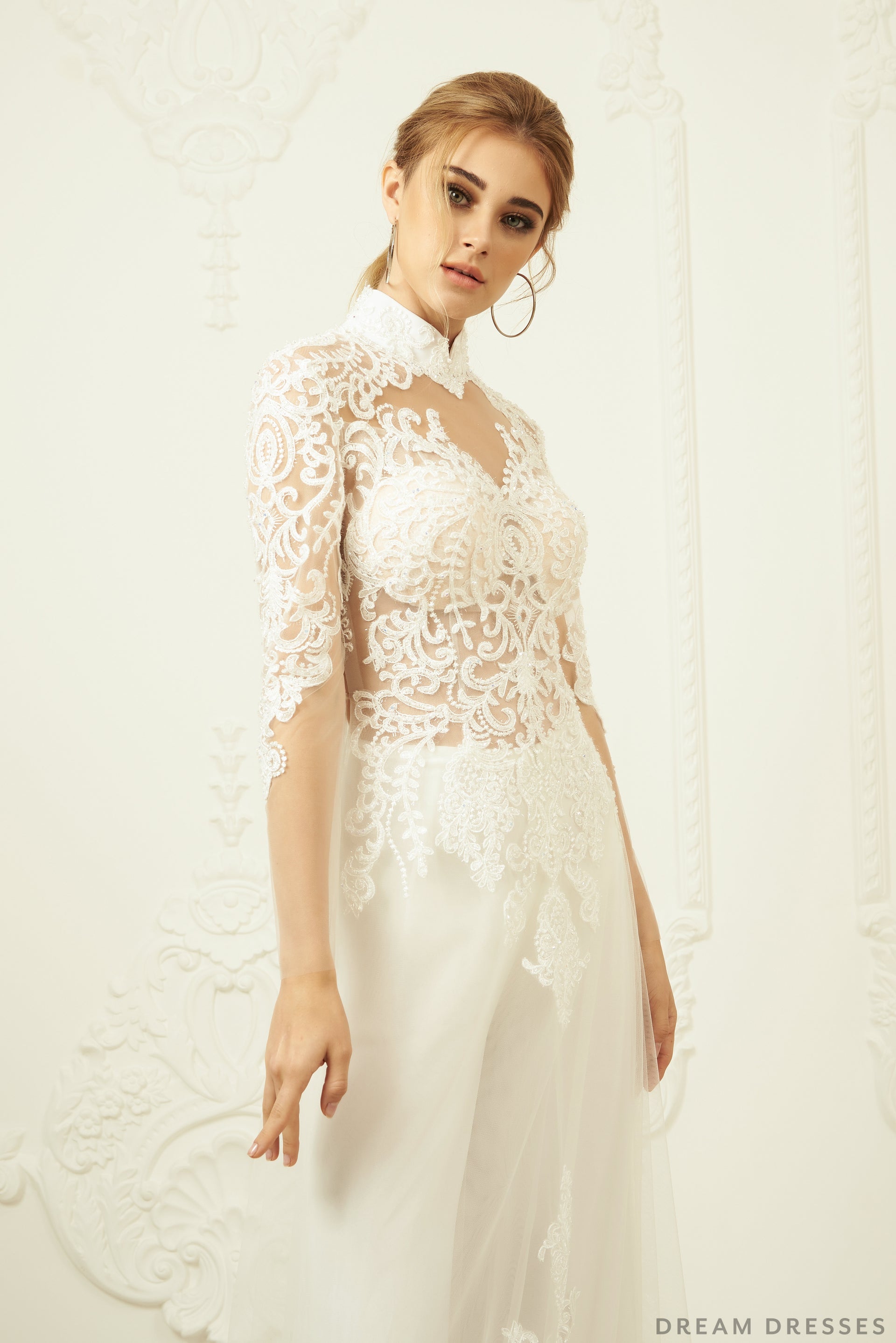 White Bridal Ao Dai | Modern Vietnamese Lace Bridal Dress (#FREYA) - Dream Dresses by P.M.N.