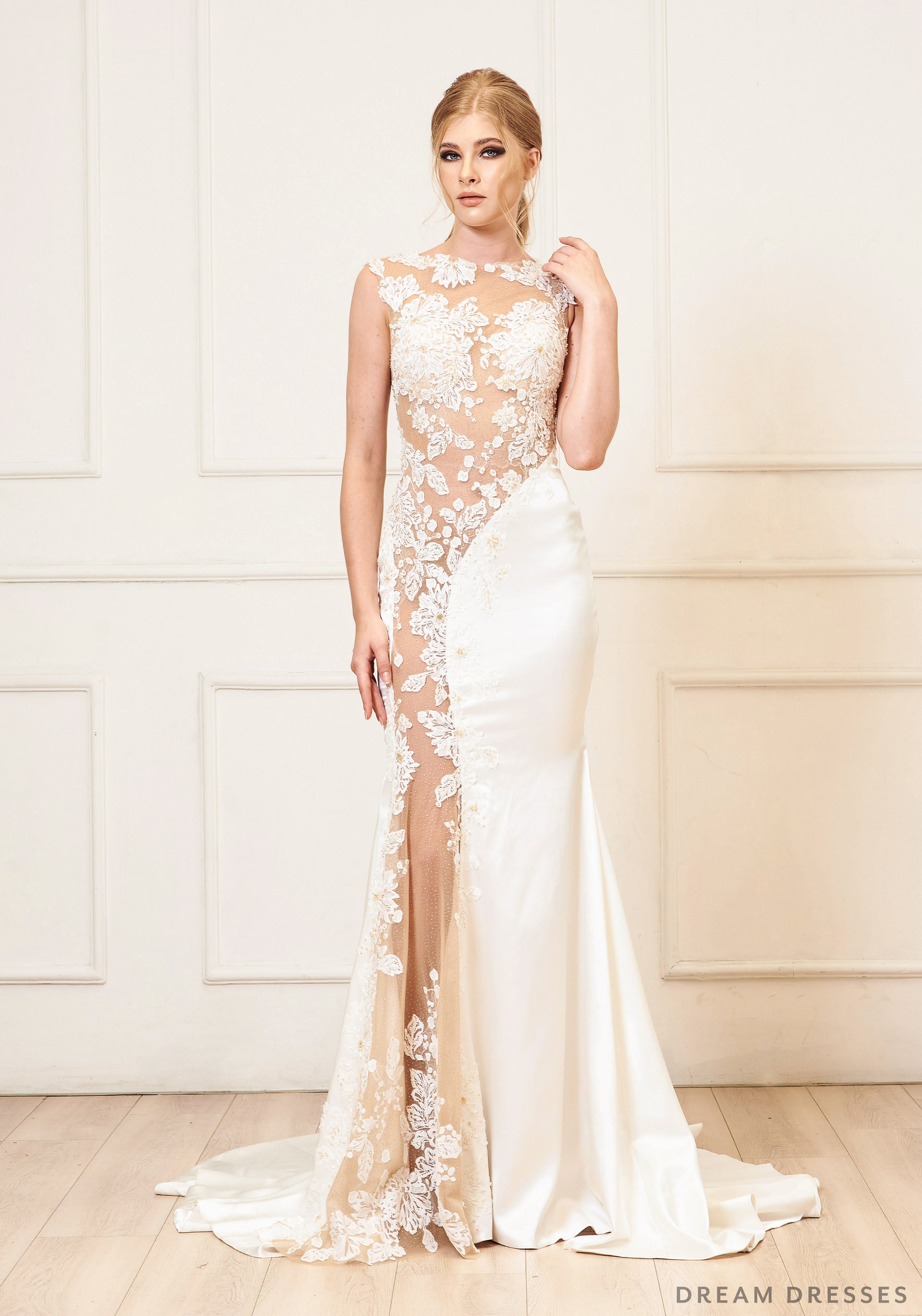 DreamDress By PMN Lucille Fit & Flare Wedding Dress Gown Illusion Cut-Out Odice & Back With Lace Applique Fully Floral Beaded Chapel