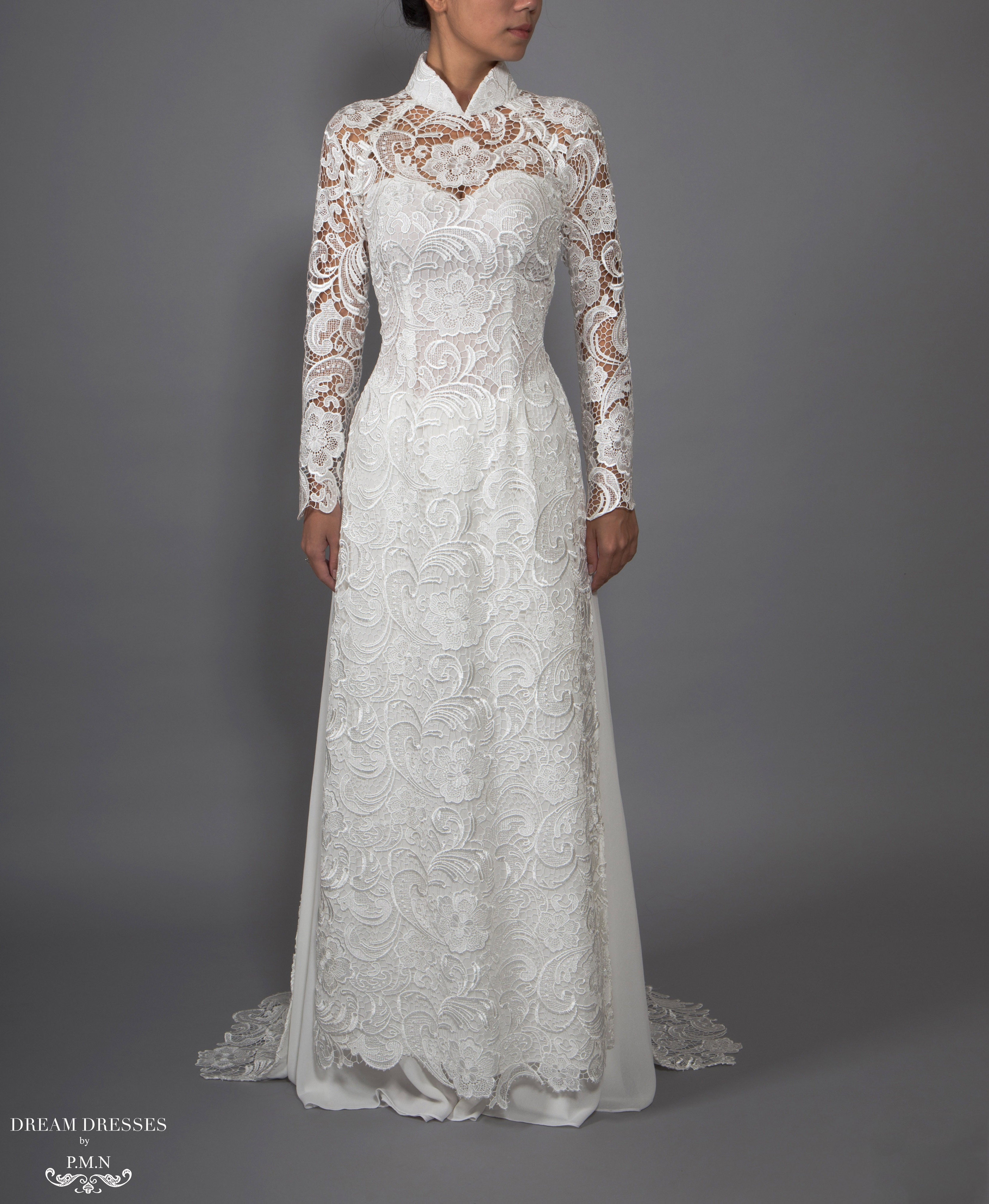 White Bridal Ao Dai | Vietnamese Lace Bridal Dress (#MELISSA)