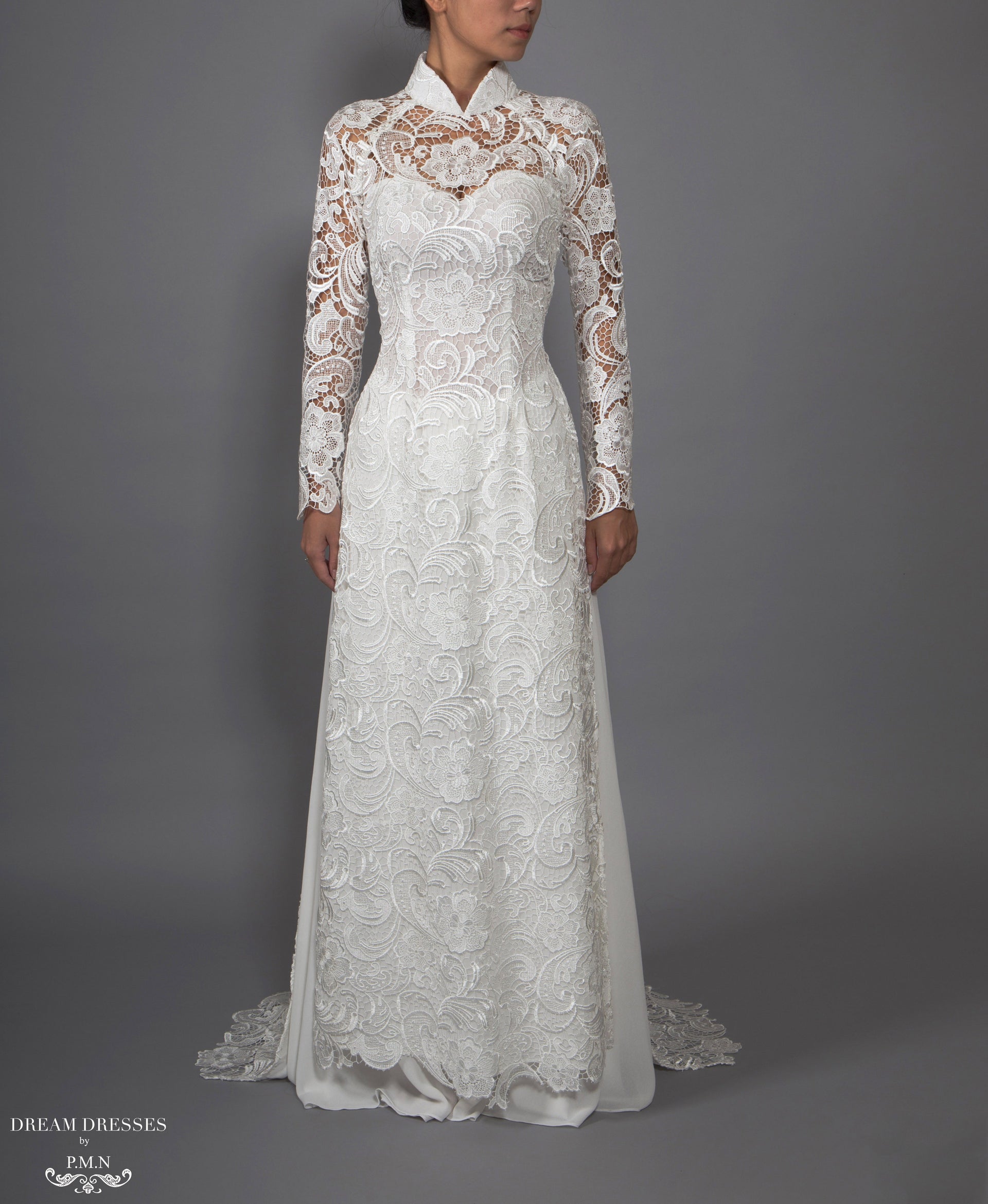 White Bridal Ao Dai | Vietnamese Lace Bridal Dress (#MELISSA) - Dream Dresses by P.M.N.