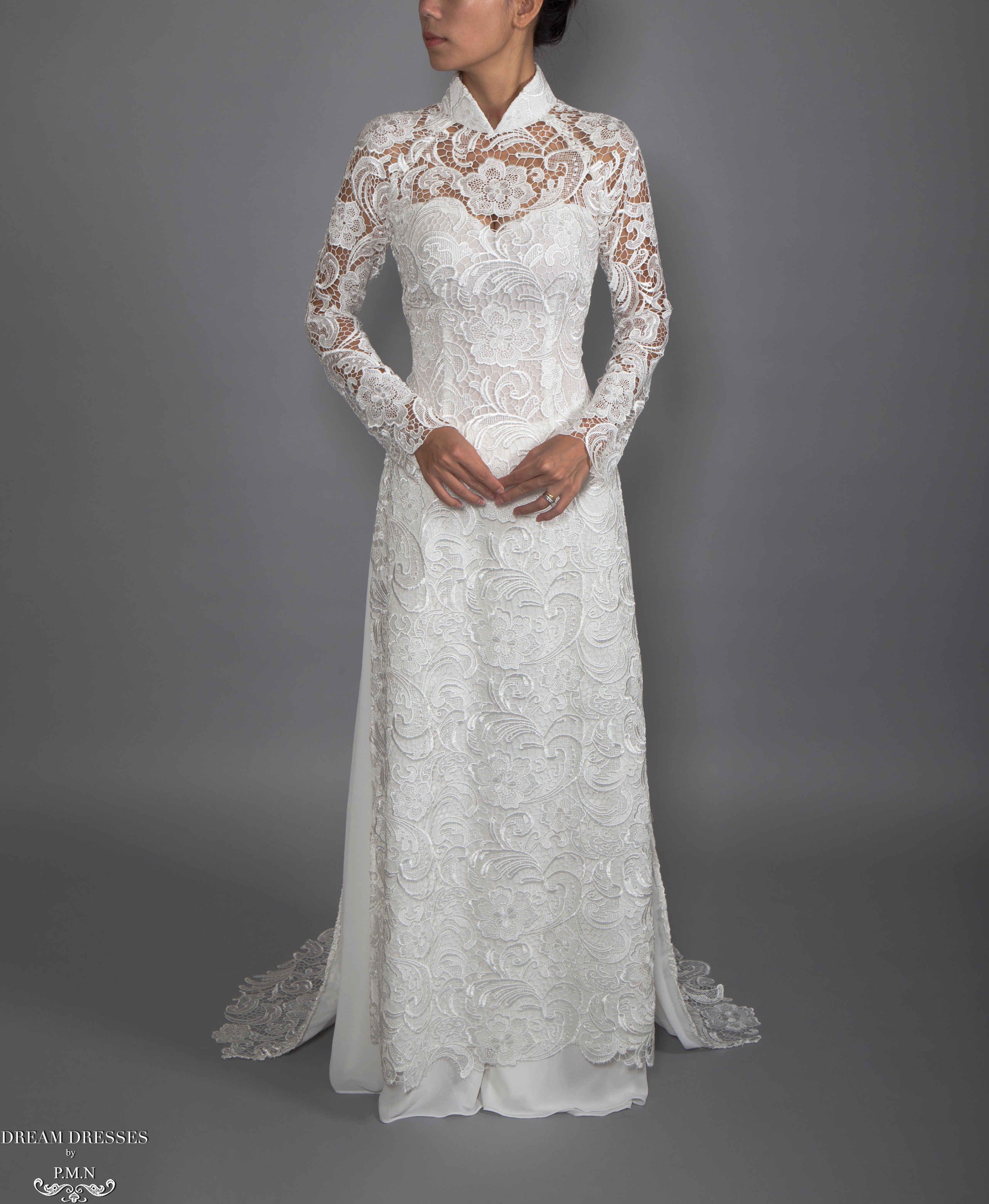 White Bridal Ao Dai | Vietnamese Lace Bridal Dress (#MELISSA)