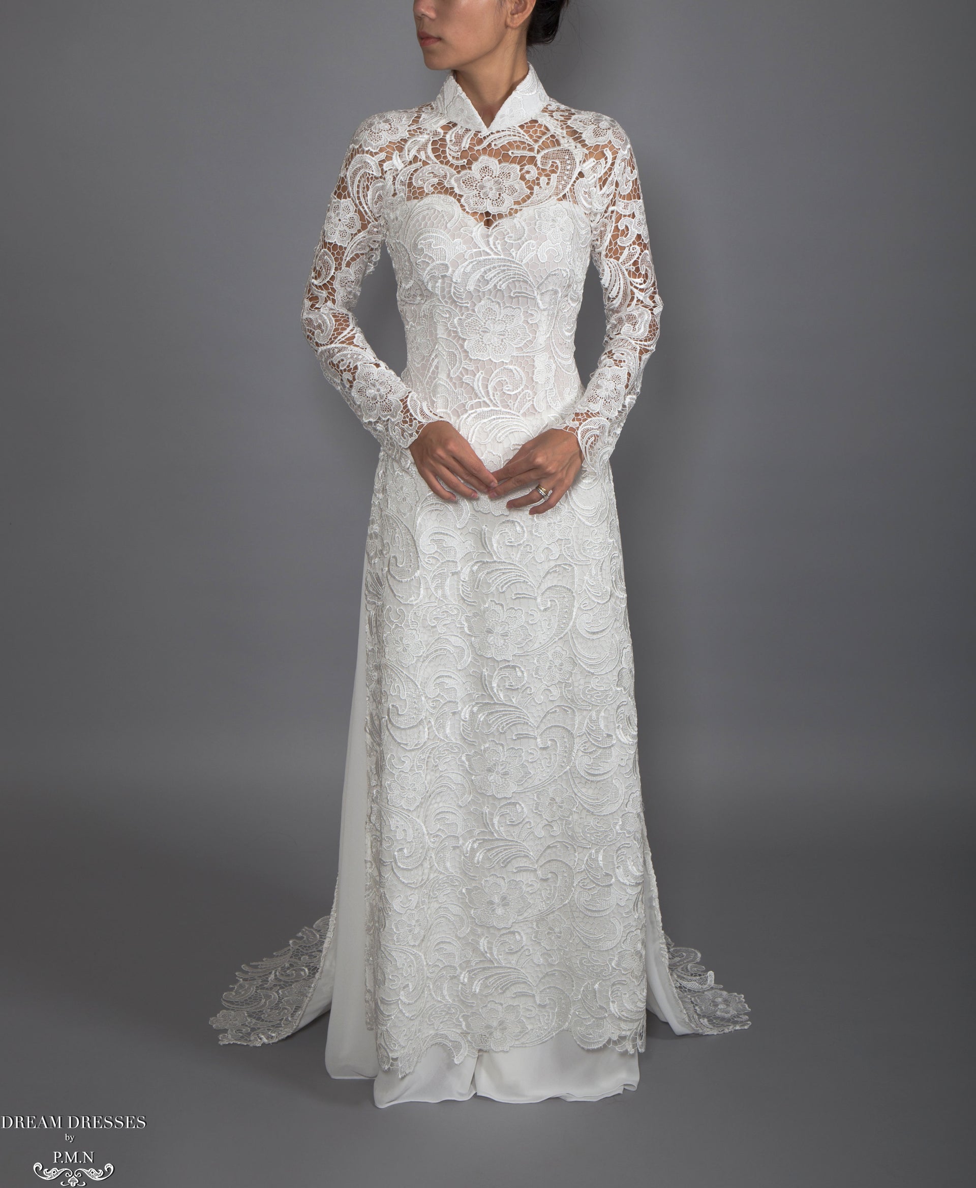 White Bridal Ao Dai | Vietnamese Lace Bridal Dress (#MELISSA) - Dream Dresses by P.M.N.