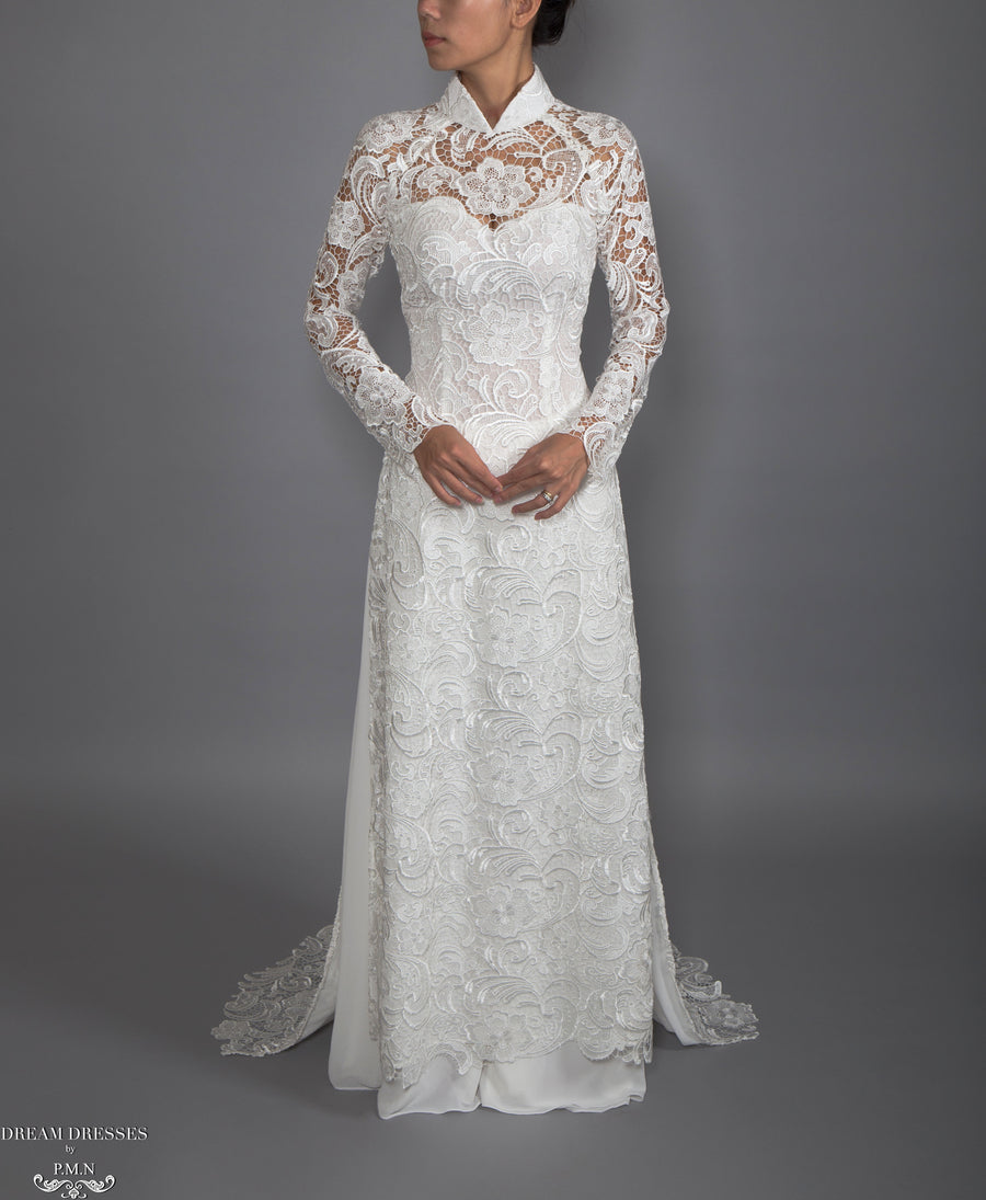 White Bridal Ao Dai | Vietnamese Lace Bridal Dress (#MELISSA) - Dream Dresses by P.M.N.