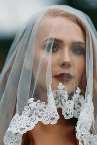 Two Tier Elbow Length Bridal Veil with Lace Appliqué (#PB131) - Dream Dresses by P.M.N
 - 3