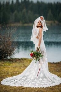 Two Tier Elbow Length Bridal Veil with Lace Appliqué (#PB131) - Dream Dresses by P.M.N
 - 7