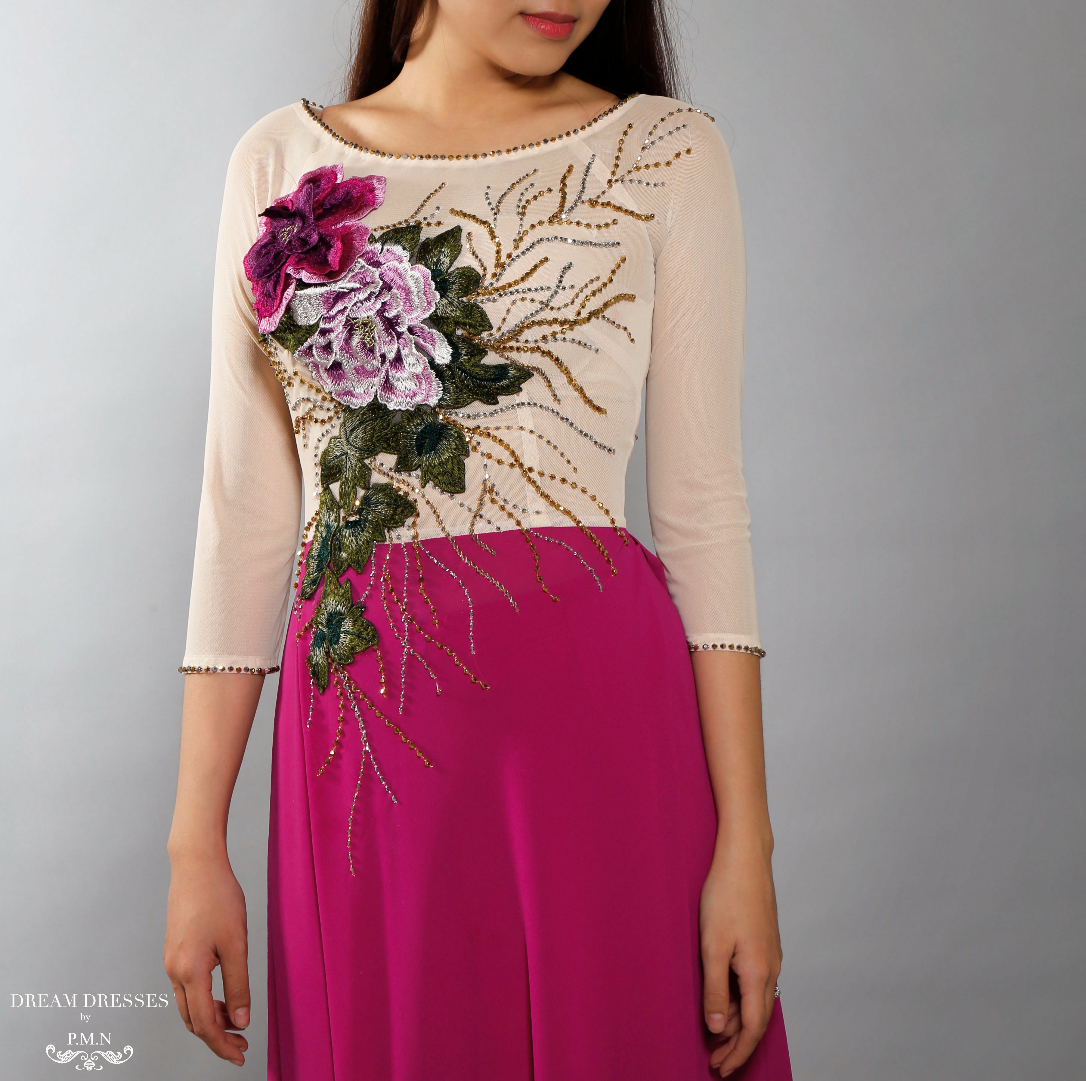 Color Block Modern Ao Dai | Vietnamese Bridal Dress with Embroidery Flowers (#VILLETTA)