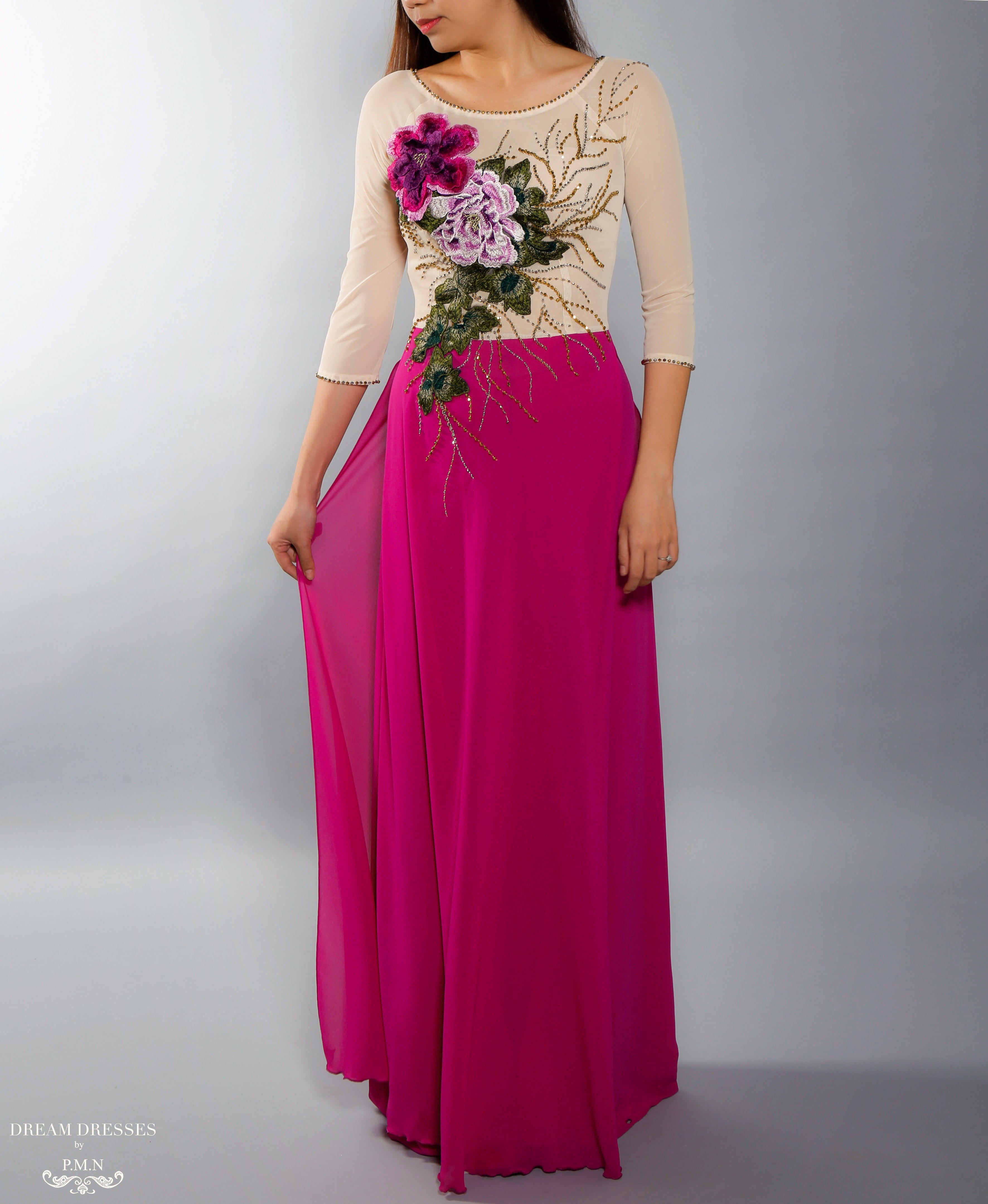 Color Block Modern Ao Dai | Vietnamese Bridal Dress with Embroidery Flowers (#VILLETTA)