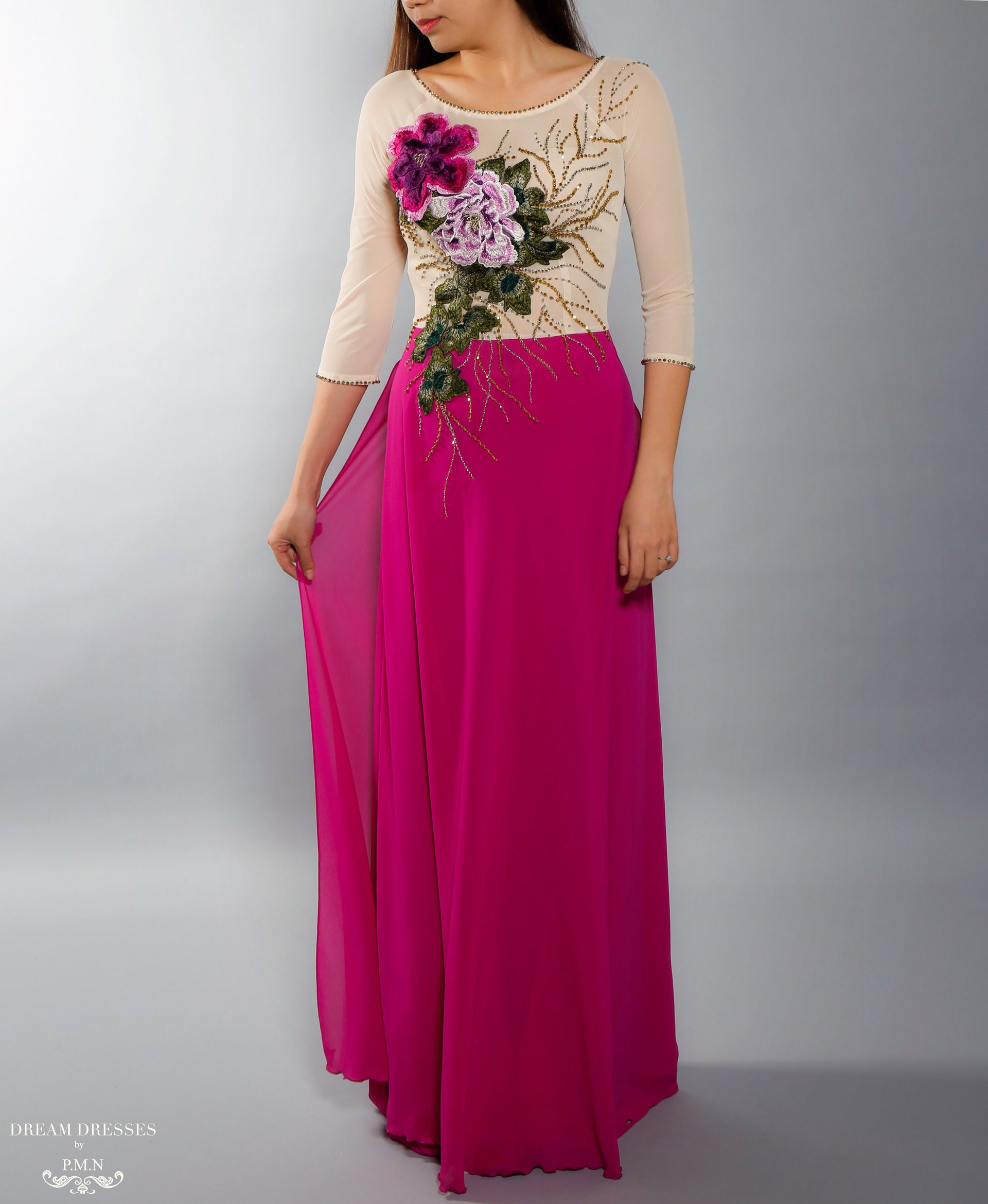 Color Block Modern Ao Dai | Vietnamese Bridal Dress with Embroidery Flowers (#VILLETTA) - Dream Dresses by P.M.N.