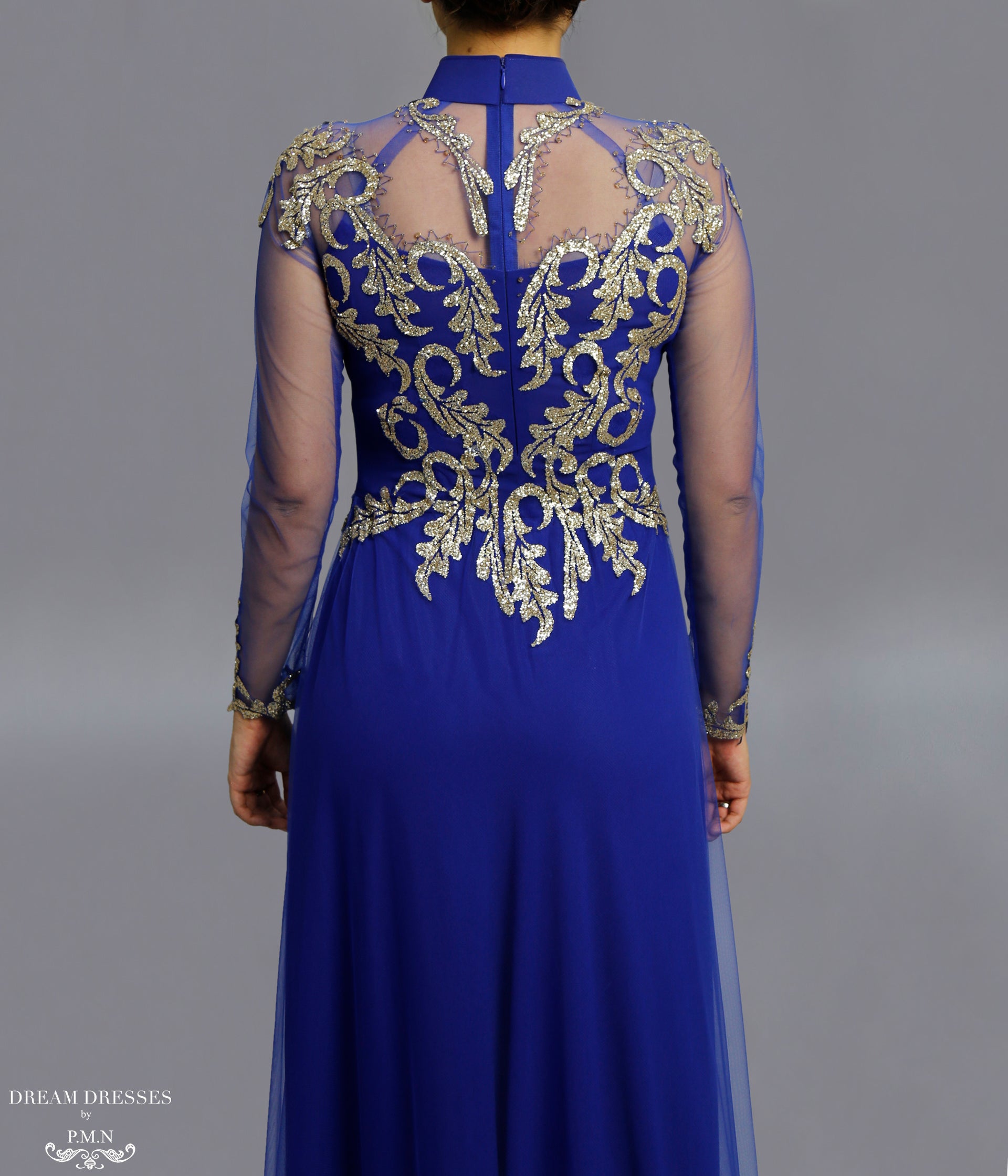 DreamDress By PMN Ao Dai Mother Of The Bride Dress Blue Golden Illusion Neckline High Collor Gold Sequin Fabric Chiffon Pants