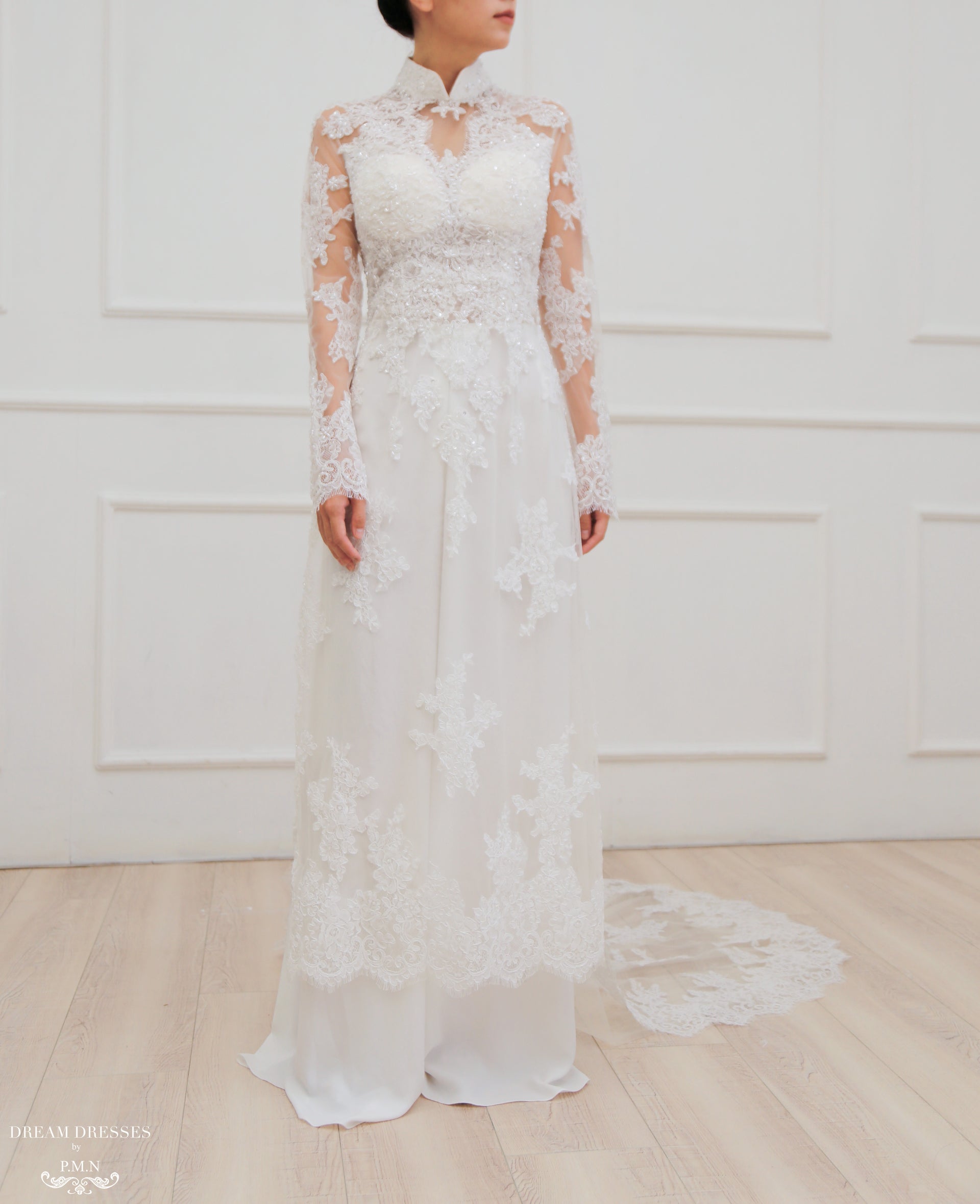 White Bridal Ao Dai | Modern Vietnamese Lace Bridal Dress (#JENINE) - Dream Dresses by P.M.N.