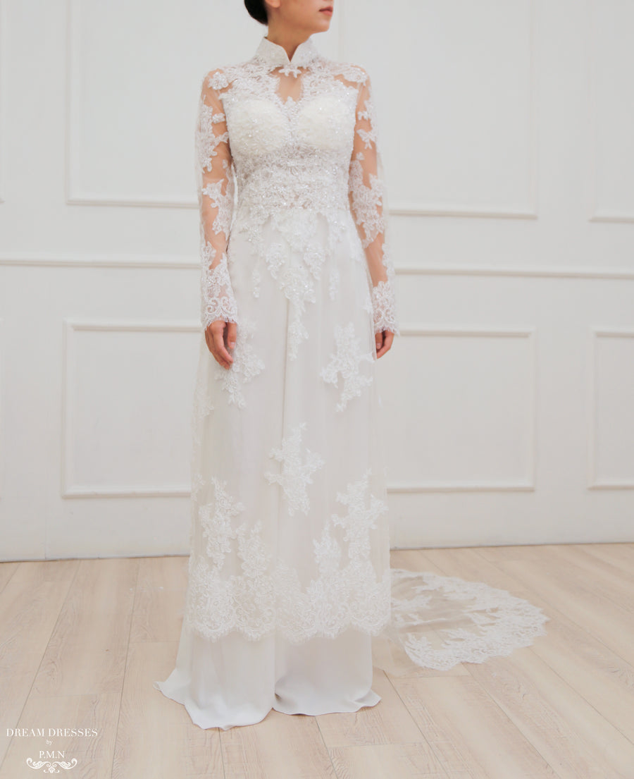 White Bridal Ao Dai | Modern Vietnamese Lace Bridal Dress (#JENINE) - Dream Dresses by P.M.N.