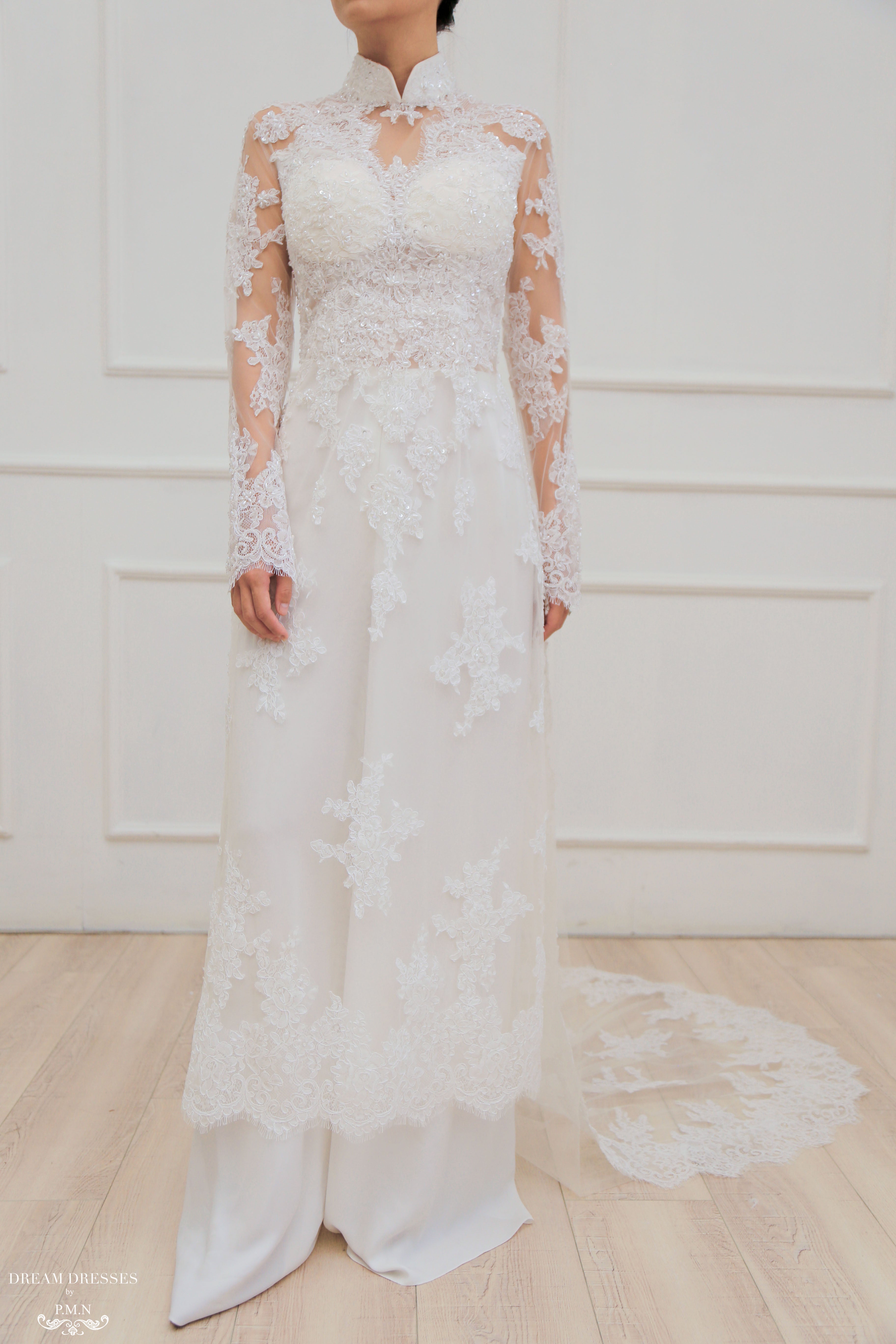 White Bridal Ao Dai | Modern Vietnamese Lace Bridal Dress (#JENINE)
