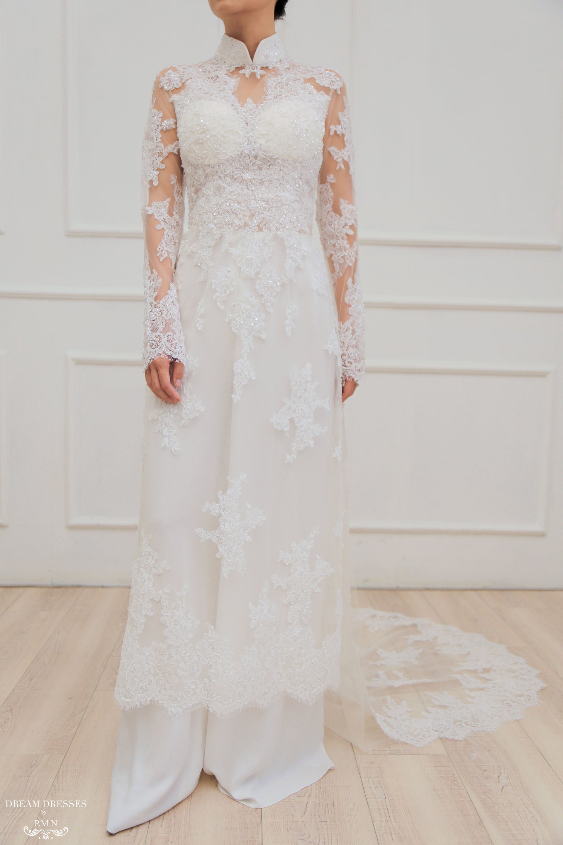 White Bridal Ao Dai | Modern Vietnamese Lace Bridal Dress (#JENINE) - Dream Dresses by P.M.N.