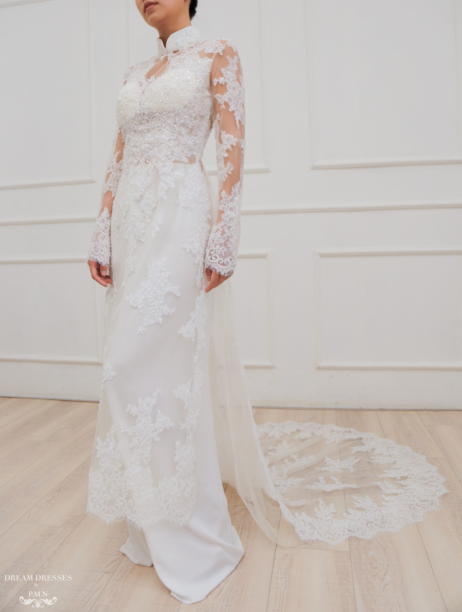 White Bridal Ao Dai | Modern Vietnamese Lace Bridal Dress (#JENINE) - Dream Dresses by P.M.N.