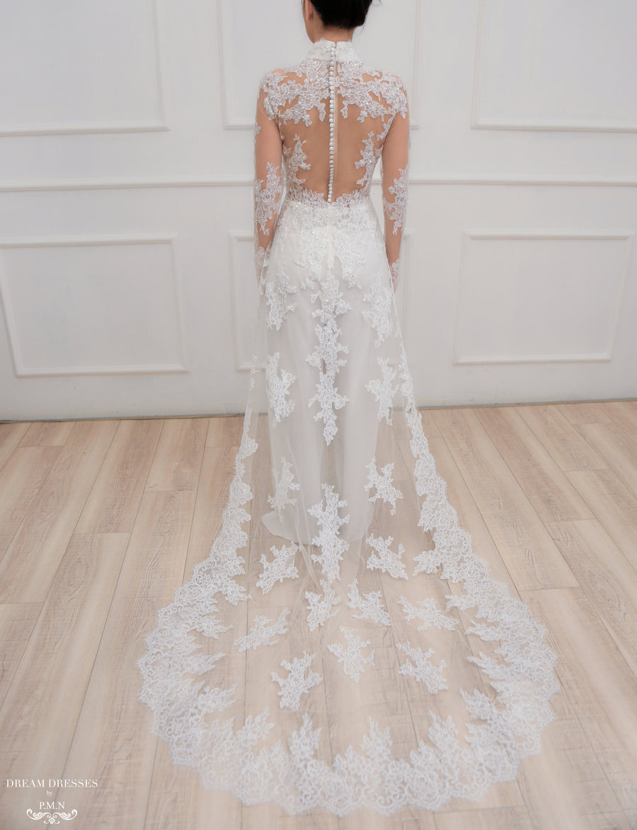 White Bridal Ao Dai | Modern Vietnamese Lace Bridal Dress (#JENINE) - Dream Dresses by P.M.N.