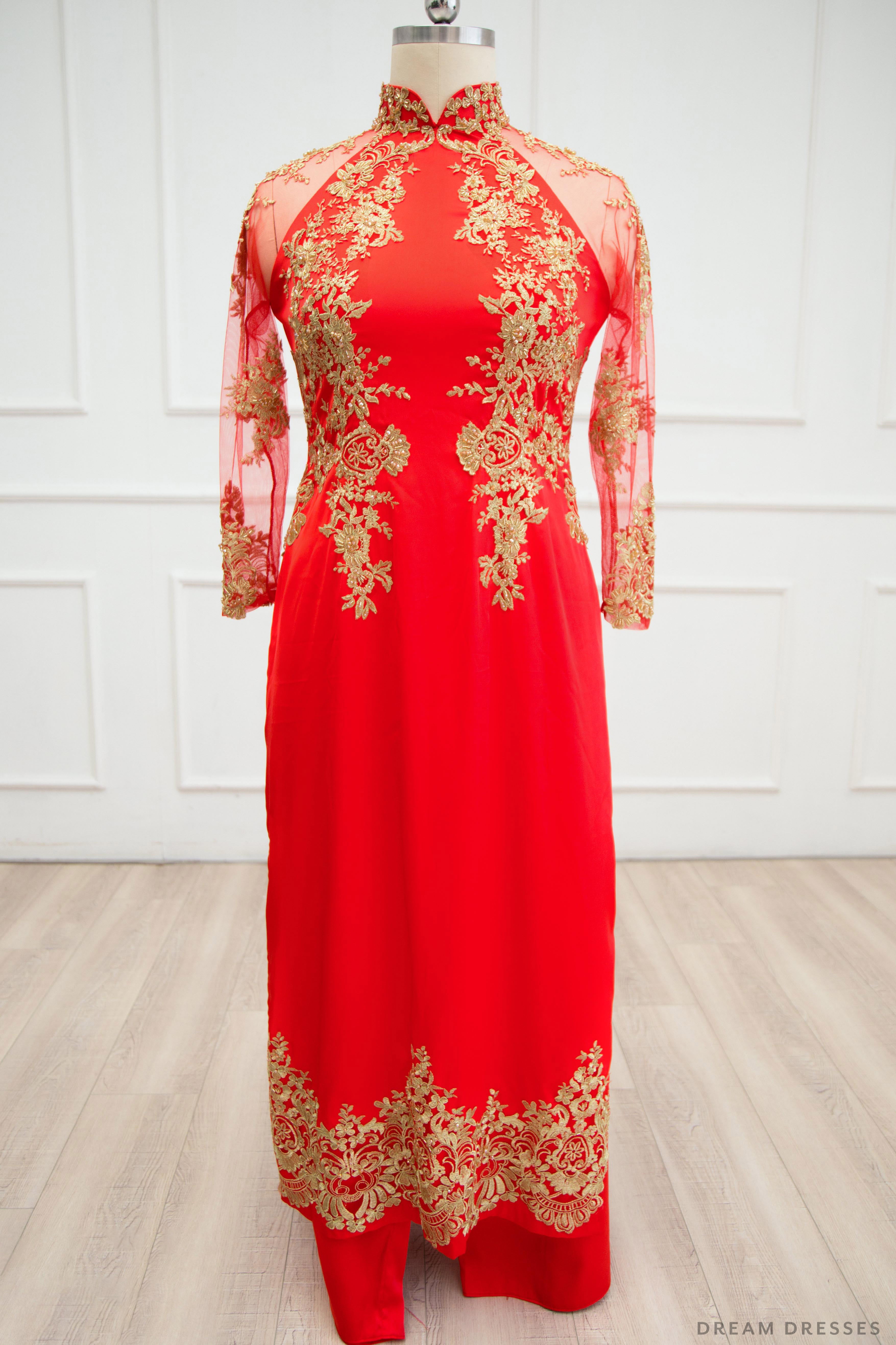 Red Ao Dai with Gold Lace | Vietnamese Lace Bridal Dress (#TALISA)