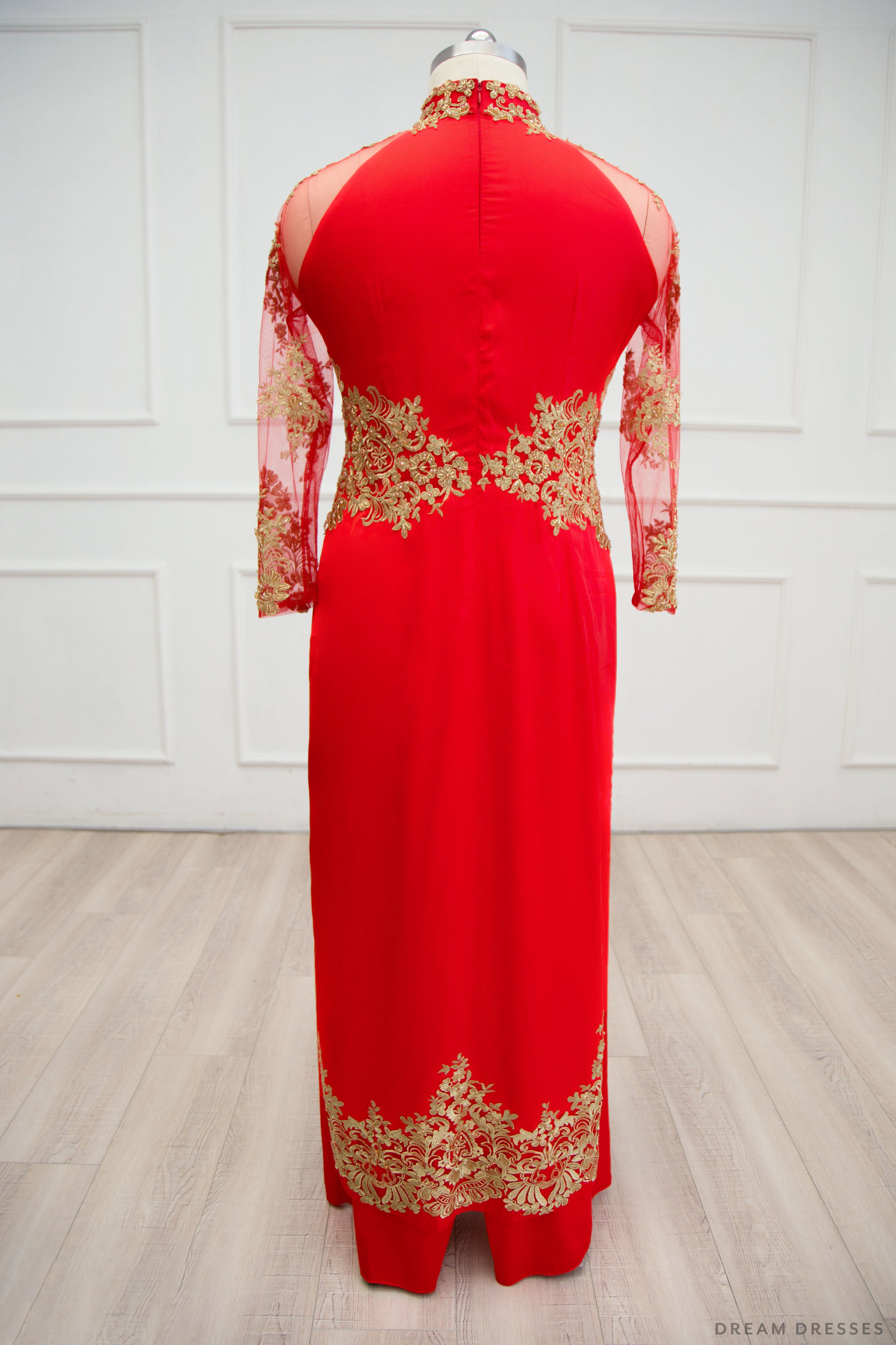 Red Ao Dai with Gold Lace | Vietnamese Lace Bridal Dress (#TALISA)
