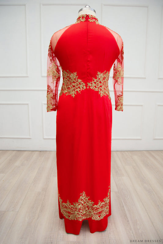 Red Ao Dai with Gold Lace | Vietnamese Lace Bridal Dress (#TALISA) - Dream Dresses by P.M.N.