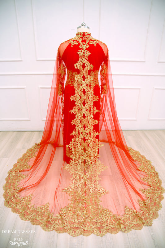 Red Ao Dai Cape | Vietnamese Lace Bridal Ao Dai Cape (#TEMA) - Dream Dresses by P.M.N.