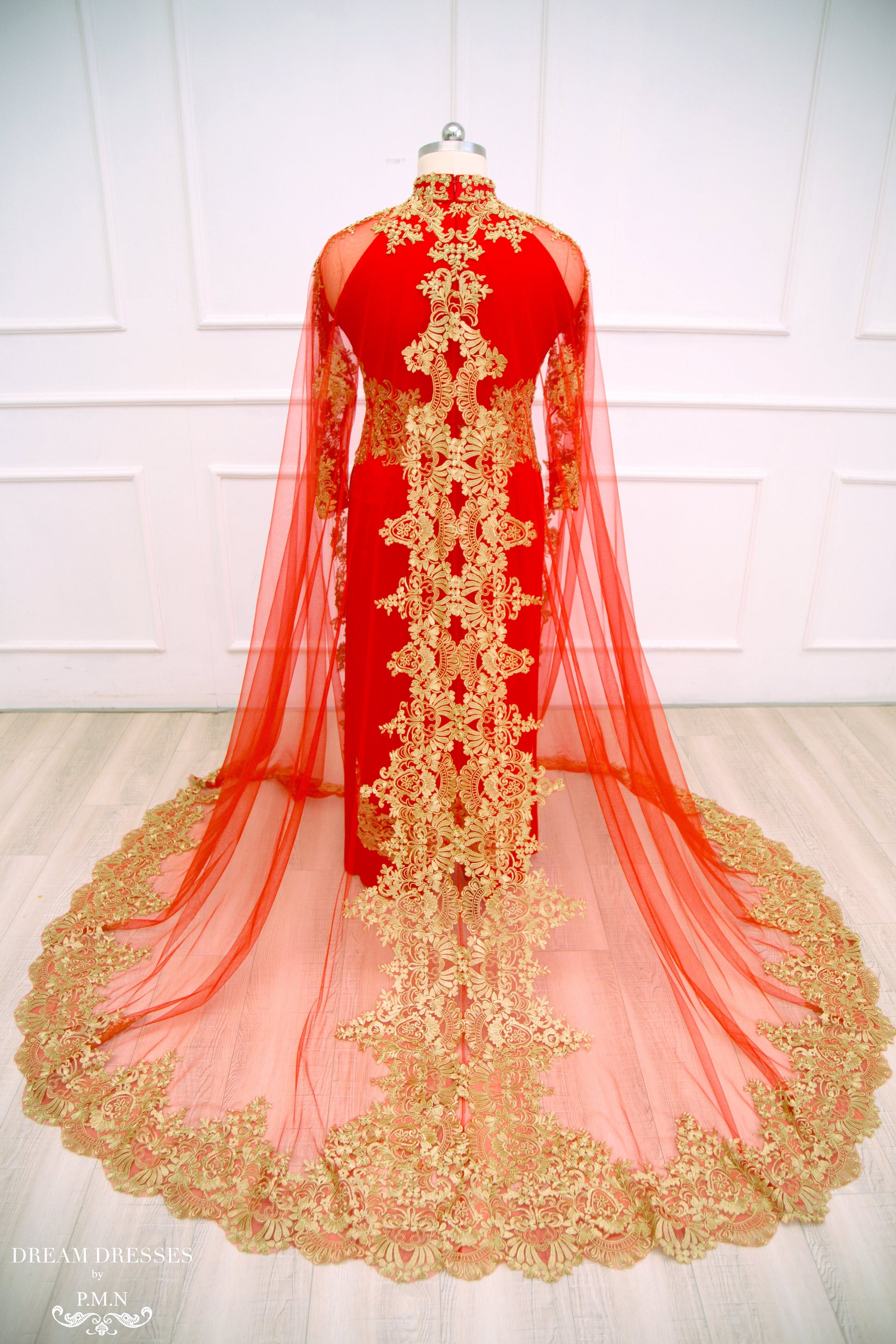 Red Ao Dai with Gold Lace | Vietnamese Lace Bridal Dress (#TALISA) - Dream Dresses by P.M.N.