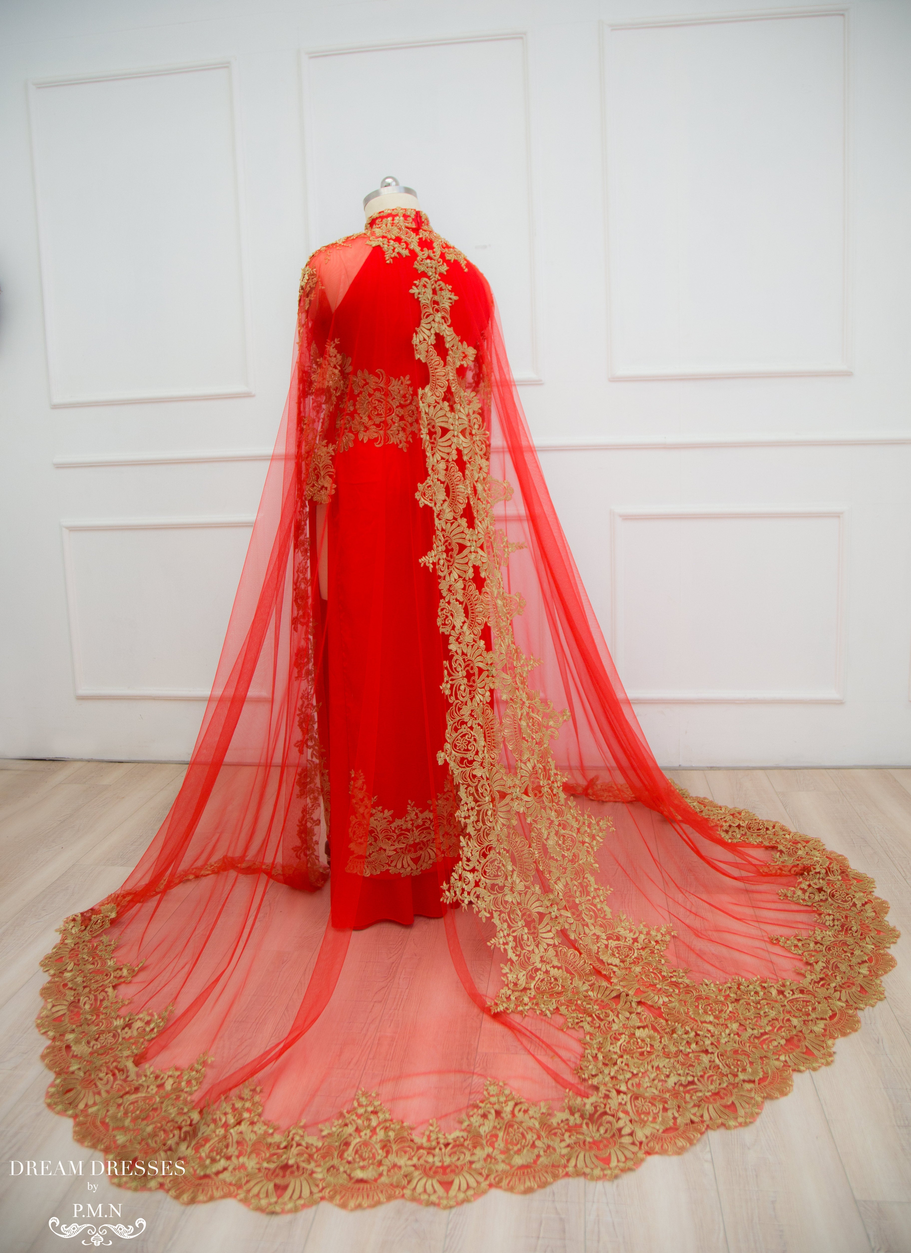 Red Ao Dai with Gold Lace | Vietnamese Lace Bridal Dress (#TALISA)