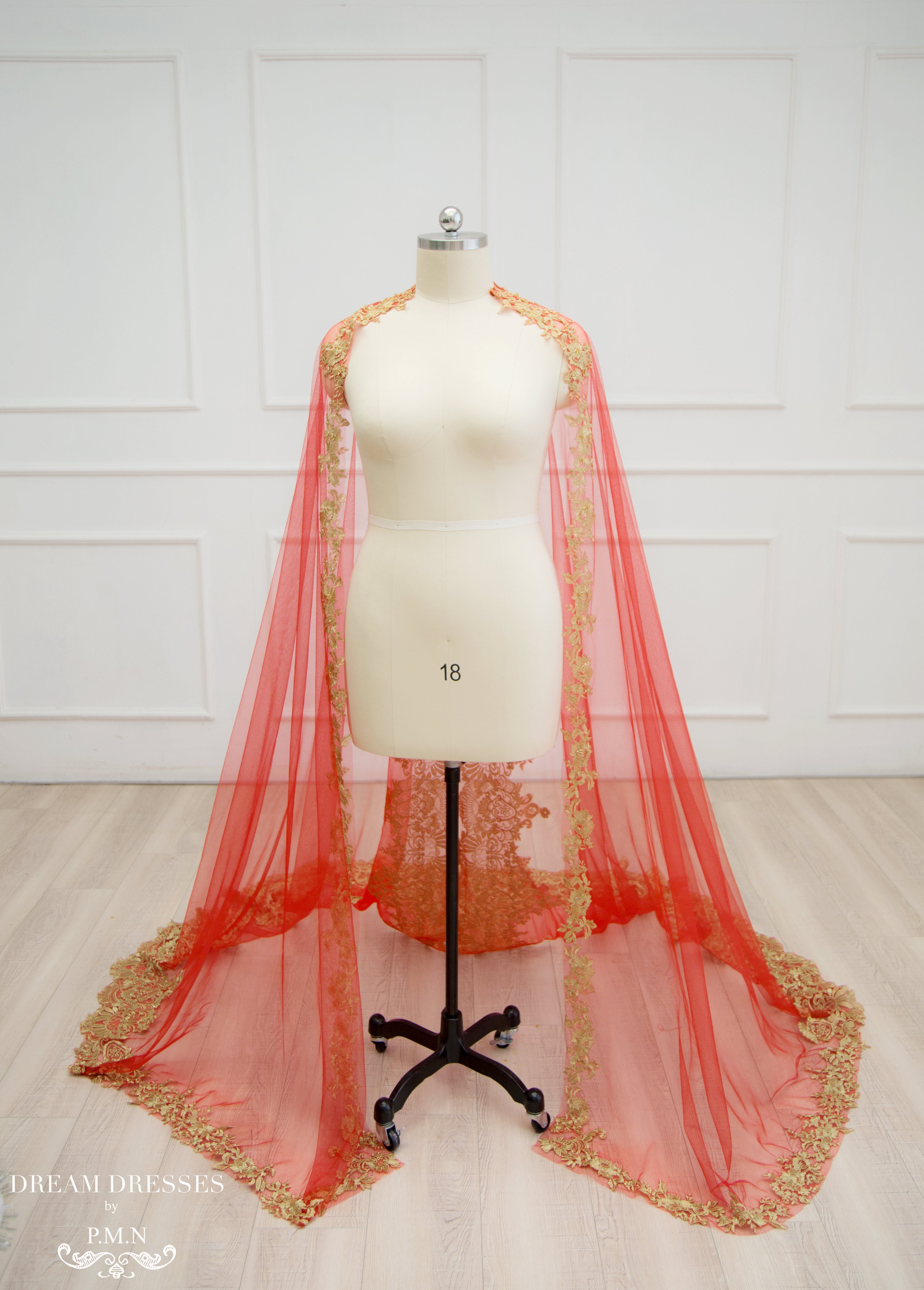 Red Ao Dai Cape | Vietnamese Lace Bridal Ao Dai Cape (#TEMA)